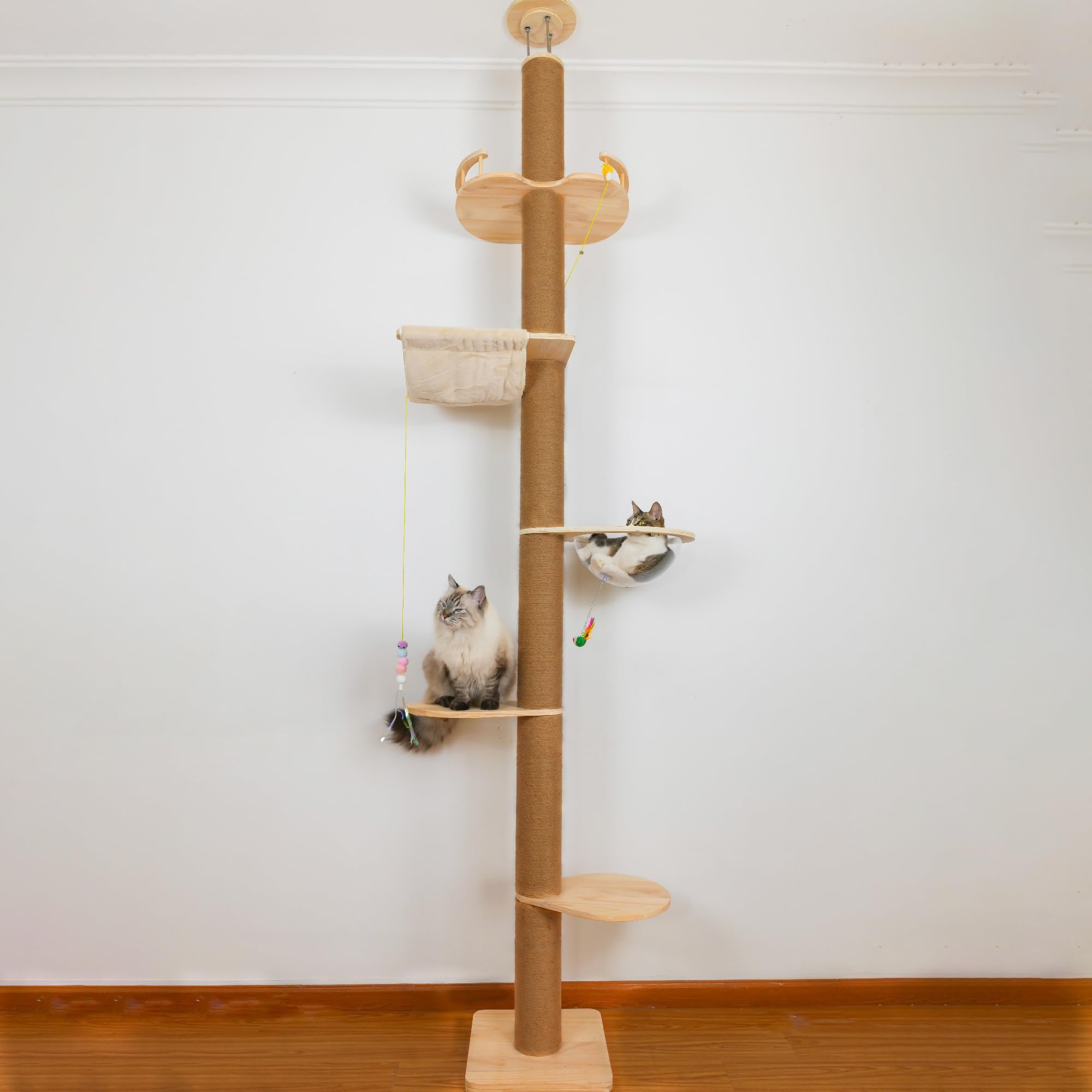 Floor to Ceiling Cat Tree Height (50-120 in) Adjustable Cat Tower 5 Tier Hemp Scratching Post High Cat Tree Sturdy Activity Tree