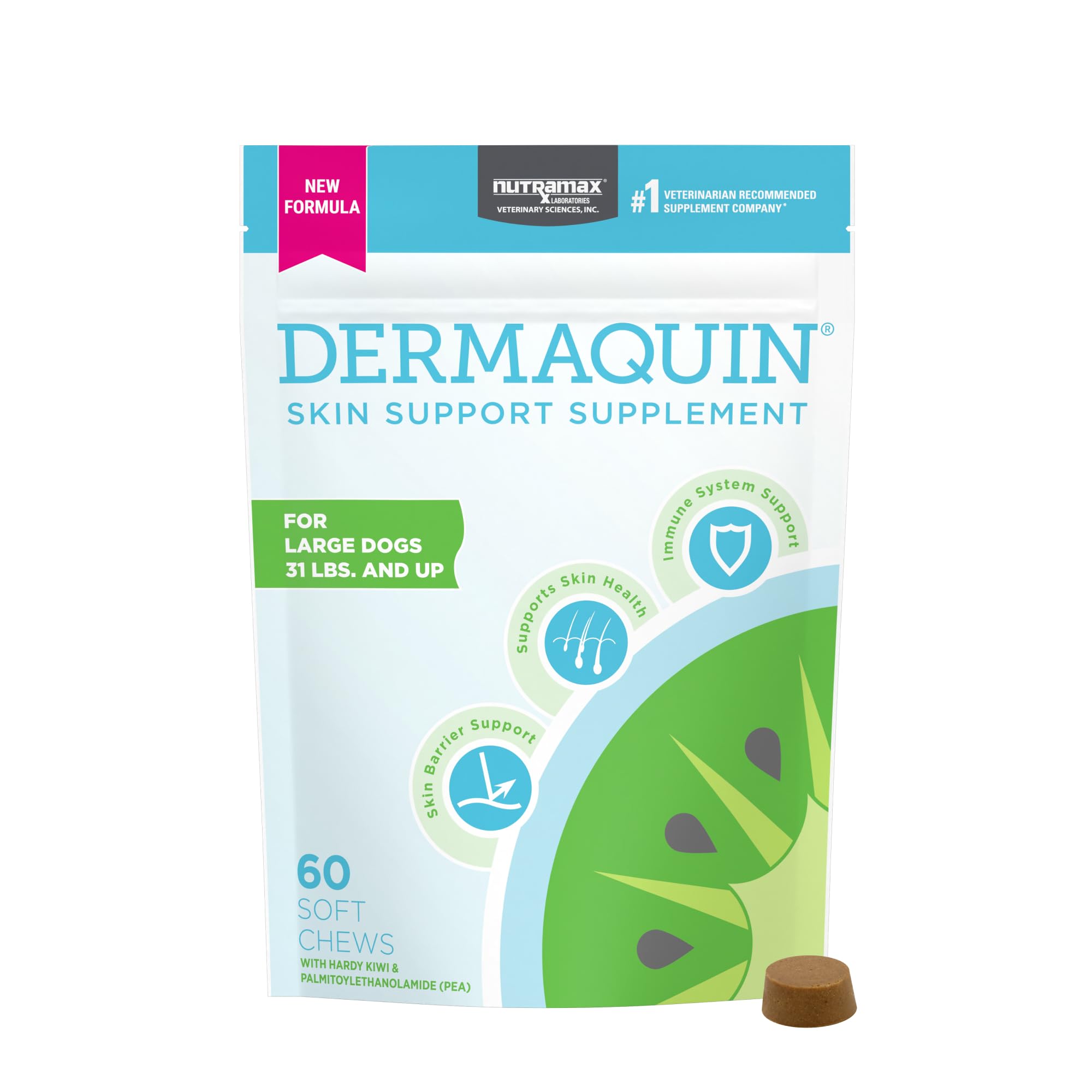 Nutramax Dermaquin Skin Support Supplement for Large Dogs, Supports Healthy Response to Allergens, with Hardy Kiwi, Omega-3s, an