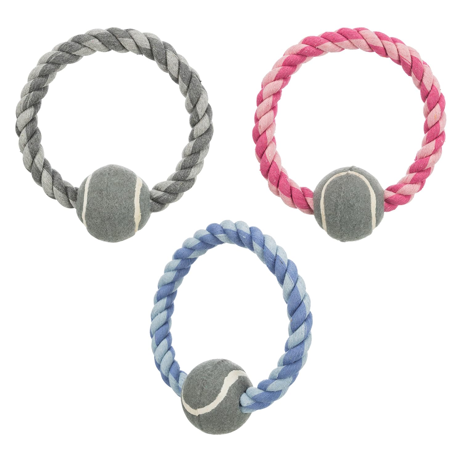 Trixie Pet Playing Ring Rope Toy with Tennis Ball for Dogs, Cotton/Polyester Material, Dog Chew Toy, Interactive Rope Dog Toy, D