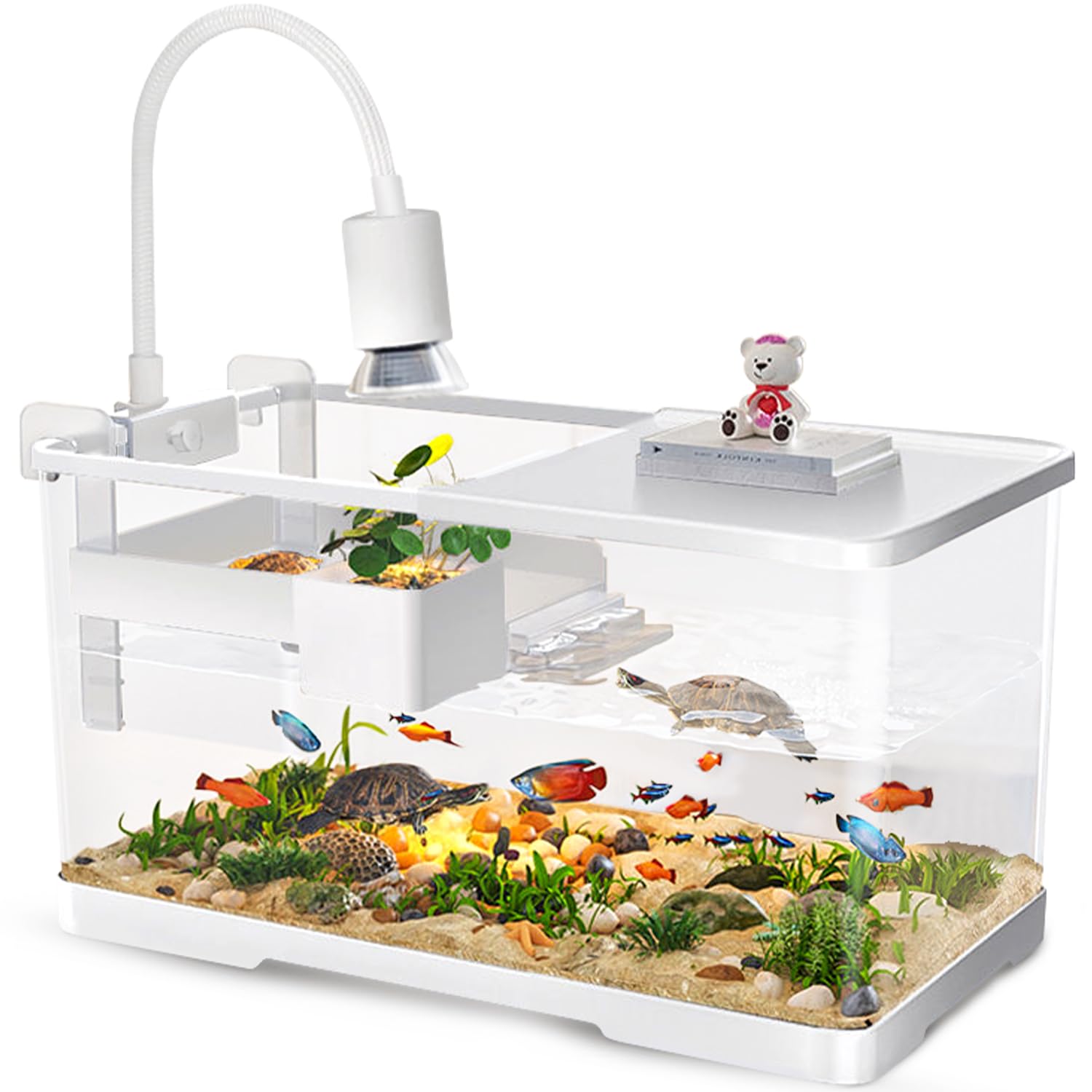 (Tank + Light + Filter + Filter Balls) Turtle Tank Kit, Turtle Tank Starter Kit,Bottom Drainage, Multi-Function Areas For Turtle