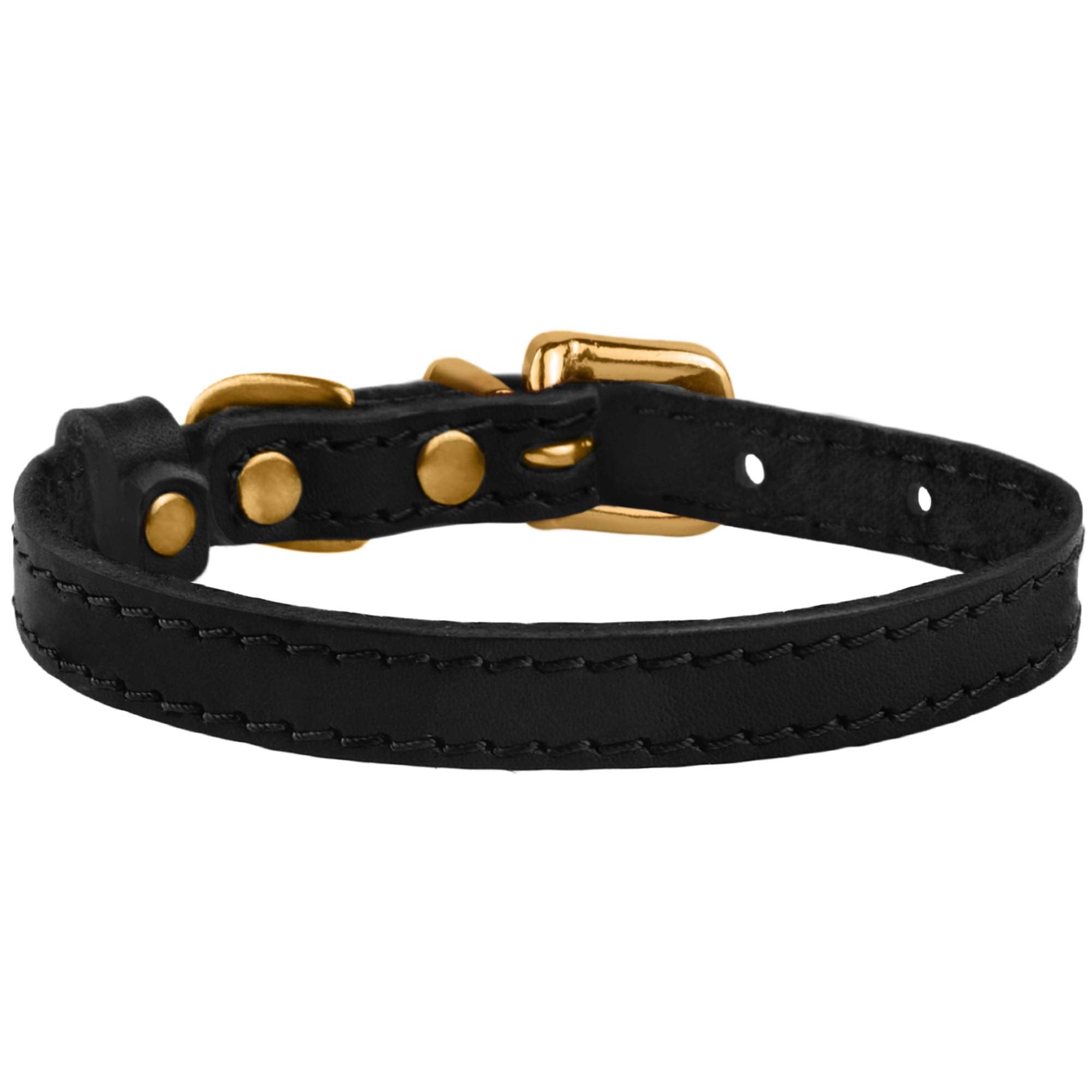 Bronzedog Leather Cat Collar With Bell Non Breakaway Kitten Qr Tag For Girl Boy (7'' - 9'' For Cats, Black & Gold)