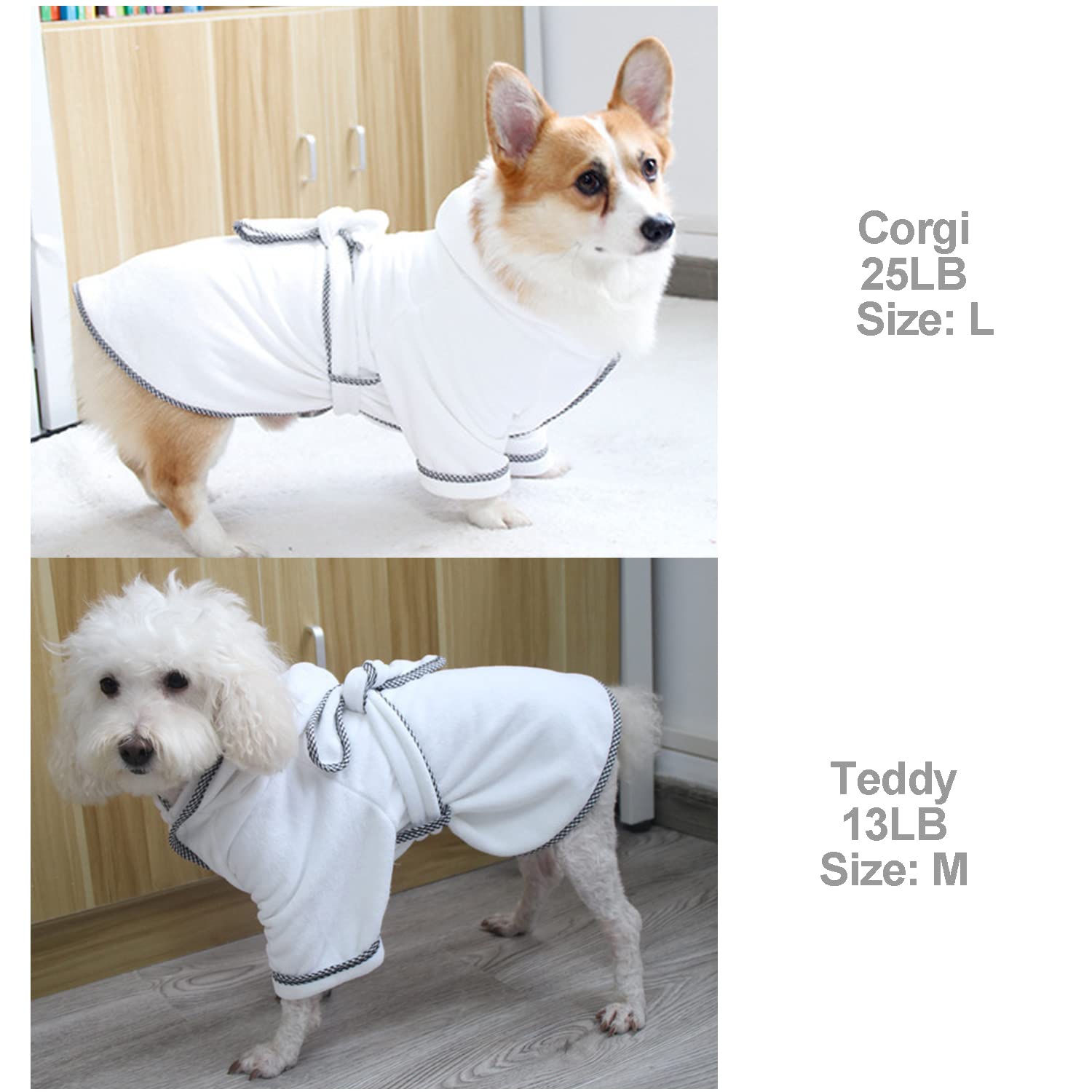 Dog Bathrobe, Microfiber Fast Drying Absorbent Hooded Bath Towel White For Puppy Small Medium Large Dog Cat (L, White)