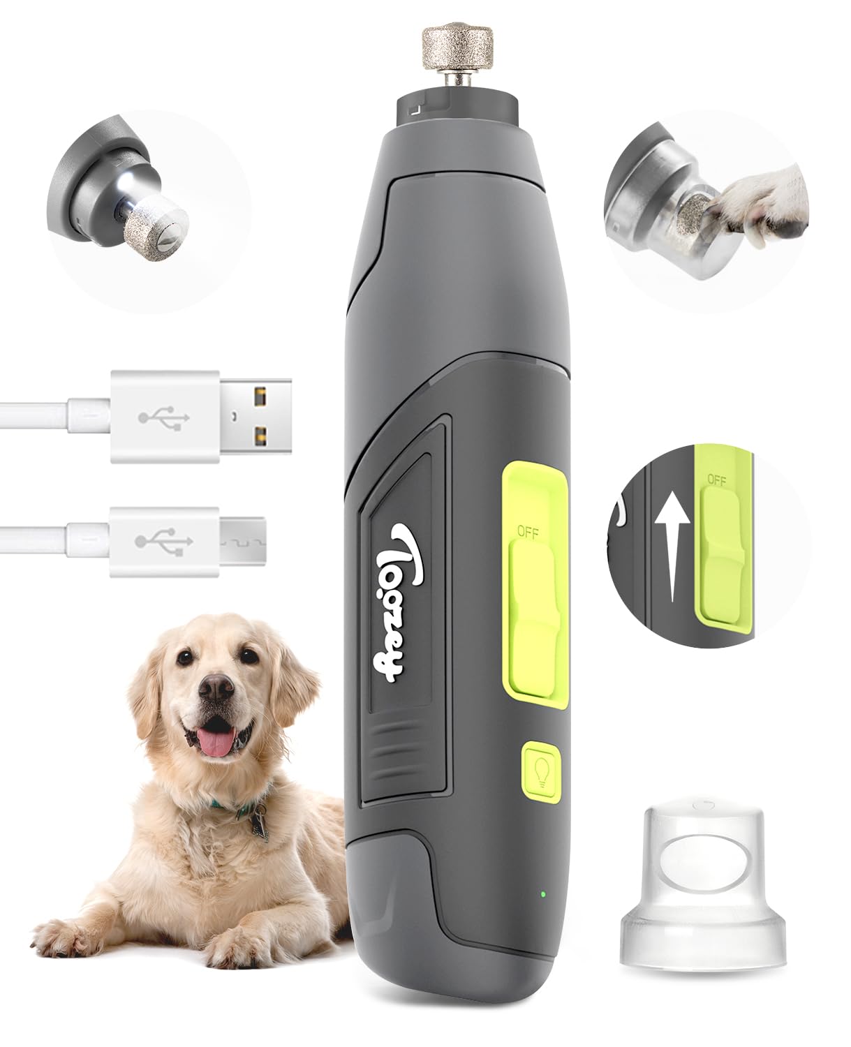 Toozey Dog Nail Grinder For Large Dogs, Real 12,000 Rpm & 3-Speed, With Dust Cap And Led Light, Professional Electric Dog Nail T