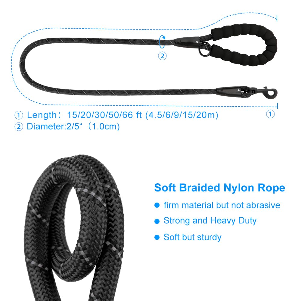 Plutus Pet Long Rope Dog Leash, With Comfortable Padded Handle, Reflective Nylon Heavy Duty Rope Leash, 15Ft 20Ft 30Ft 50Ft 66Ft Dog Training Leash For Small Medium Large Dogs (66Ft, Black)
