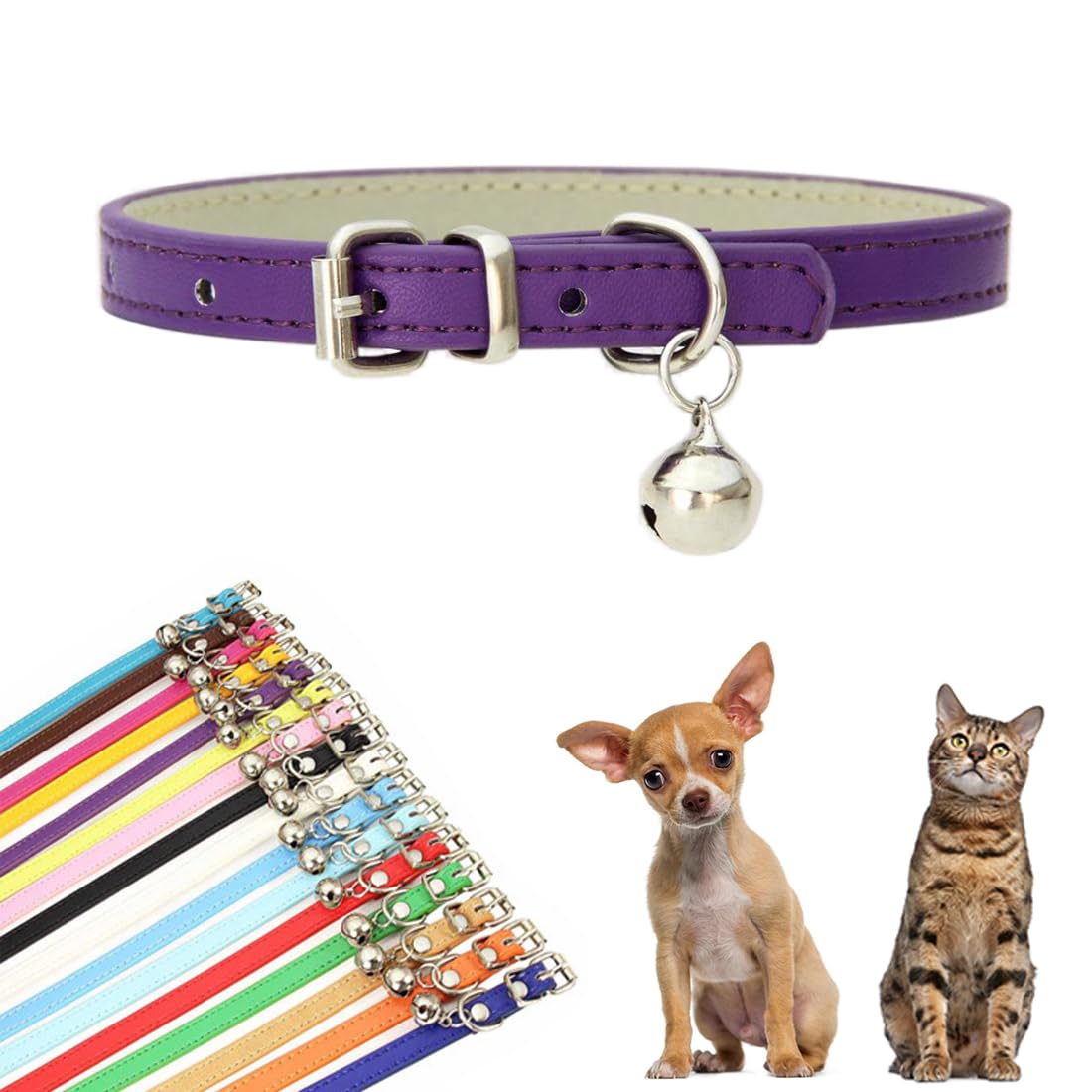 Purple XXS Dog Bell Collar, Faux Leather Kitten Collar with Bells Pu Basic Boy Dog Collars for XXS XSmall Small Medium Pet Male 