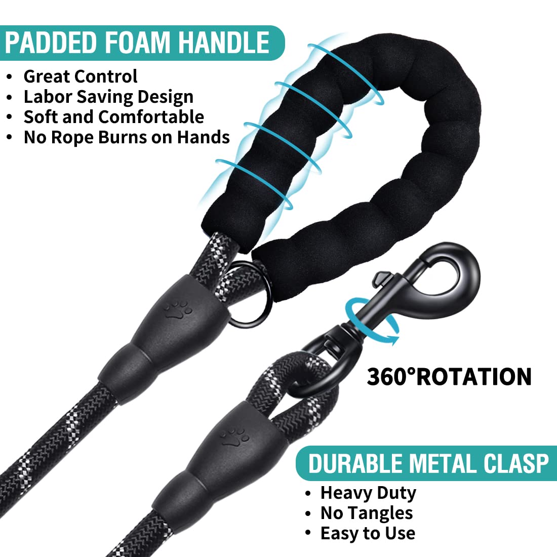 COOYOO 2 Pack Heavy Duty Dog Leash 6 FT with Padded Handle, Reflective, for Medium Large Dogs, Black+Silver