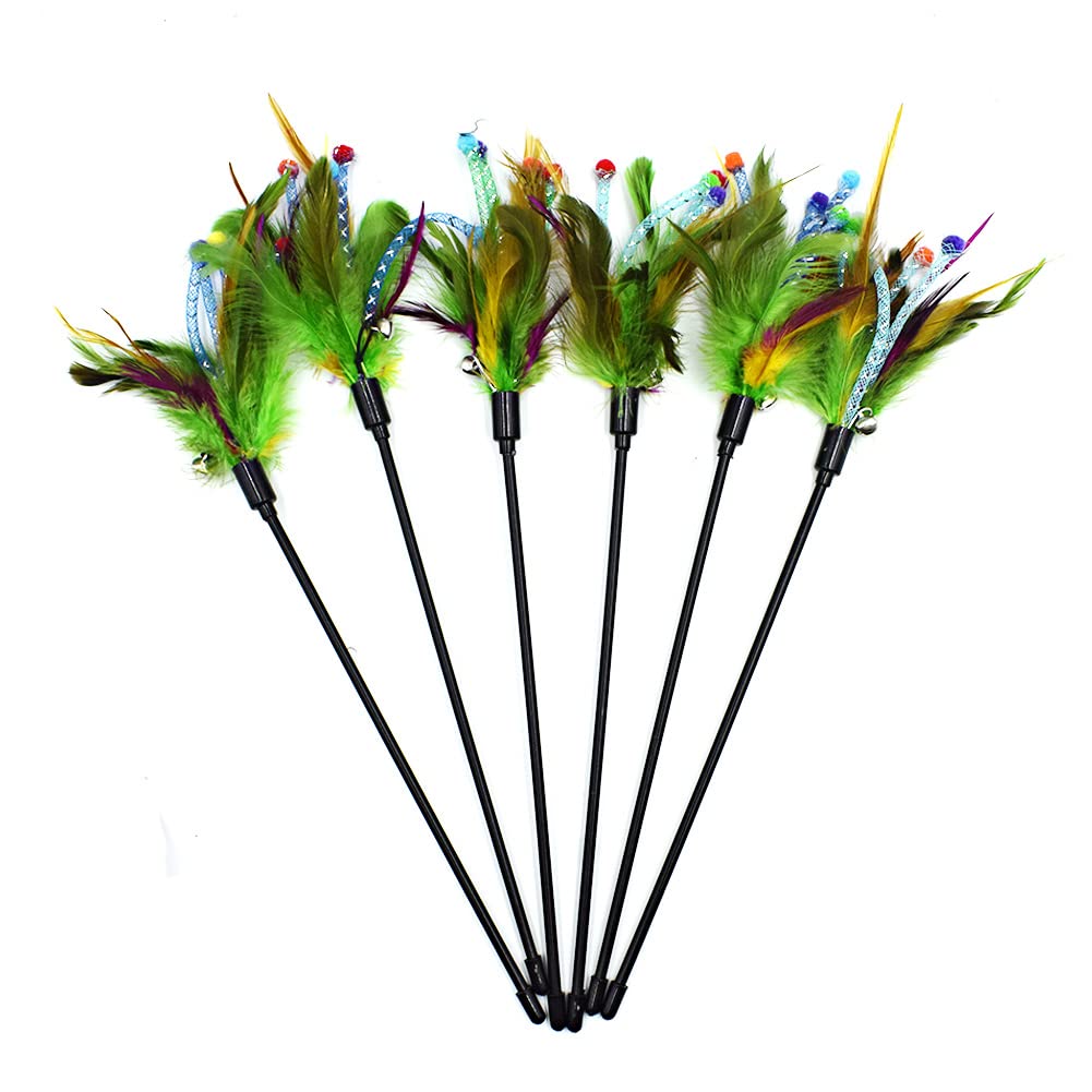 IUHKBH Cat Feather Wands - 6 PCS Interactive Teaser Wand with Colorful Feathers & Bell for Cats and Kittens