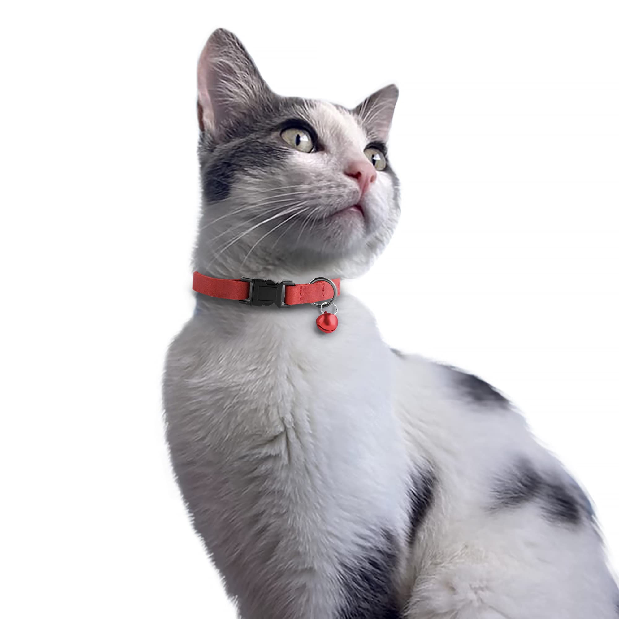 Murom Breakaway Cat Collar Leather Soft Adjustable Pet Kitten Collars With Bell Pink Brown Blue Green Red (Red)