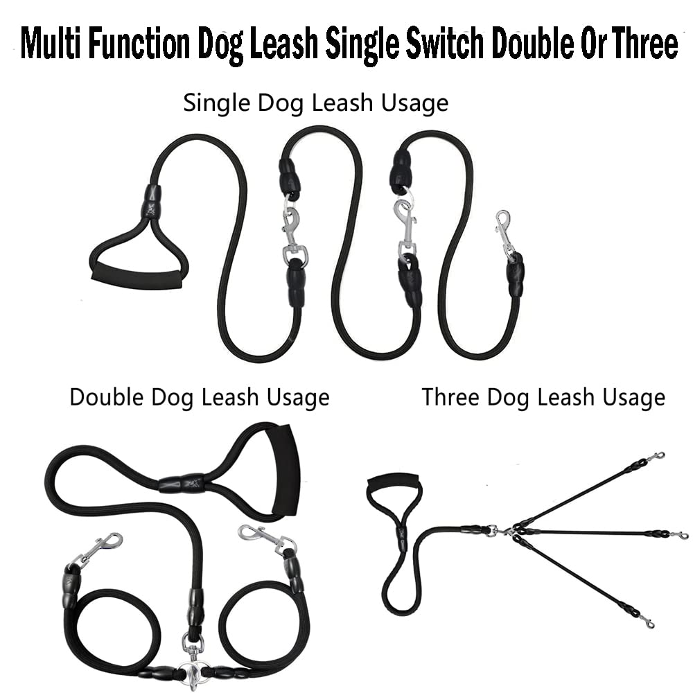 Double Dog Leash 3 Dog Leash Triple Dog Leash Heavy Duty Multiple Dog Leash For 2 Or 3 Dogs(6-40 Lbs),360°Swivel No Tangle,2-Way & 3-Way Interchangeable Dual Dog Leash With Hand-Protected Handle