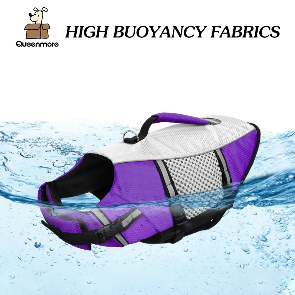 Dog Life Jacket Swimming Vest Lightweight High Reflective Pet Lifesaver With Lift Handle, Leash Ring Purple,S