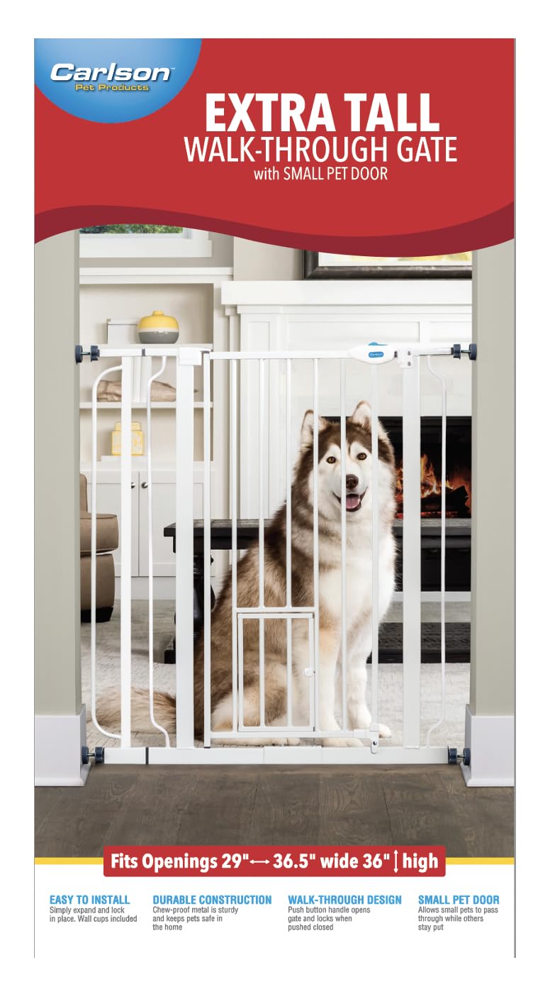 Carlson Extra Tall Walk Through Pet Gate With Small Pet Door, Includes 4-Inch Extension Kit, 4 Pack Pressure Mount Kit And 4 Pack Wall Mount Kit
