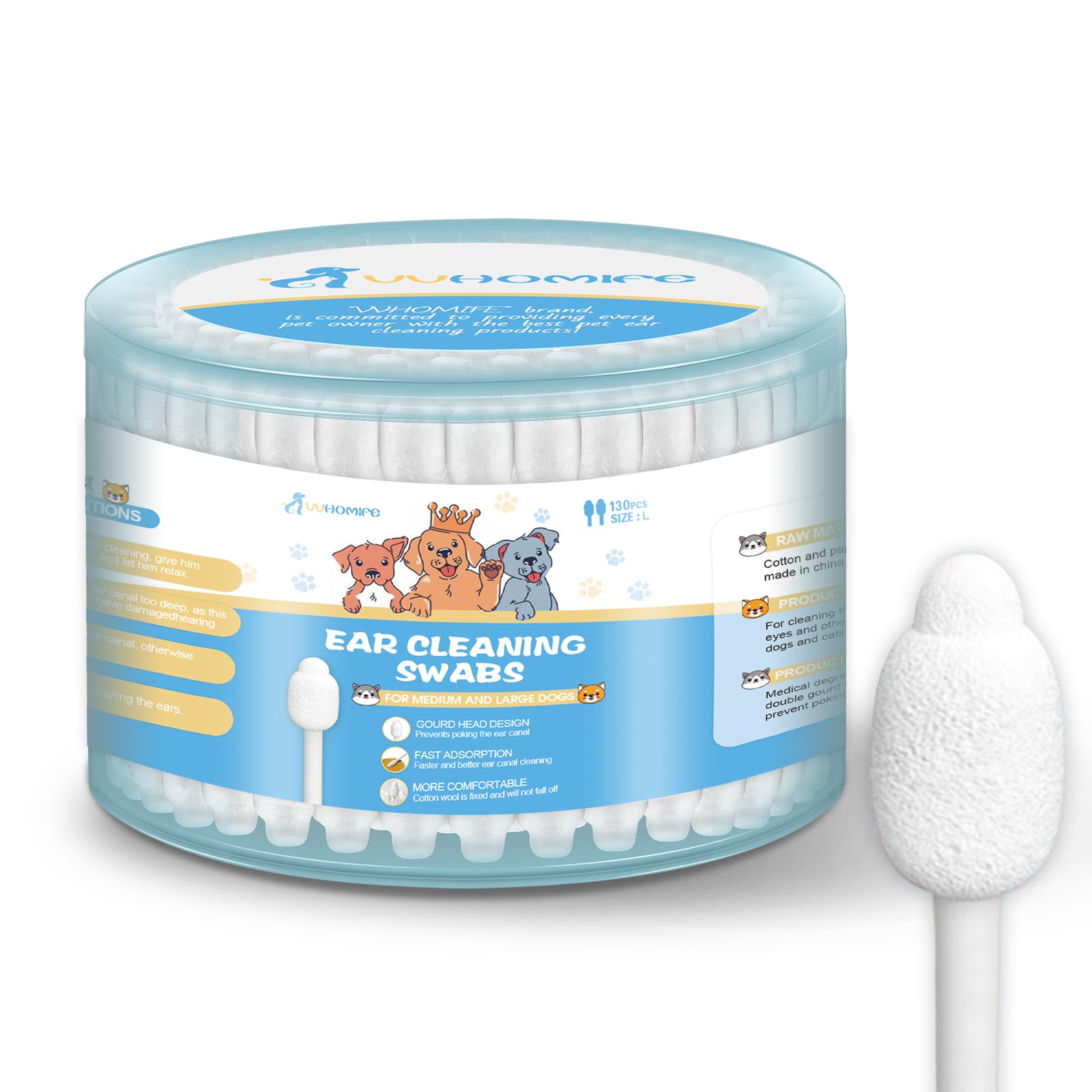 Dog Ear Cleaning Swabs - Gourd-Shaped Design for Safe Pet Ear Care, Prevents Accidental Injury, Ideal for Medium and Big Dogs, L