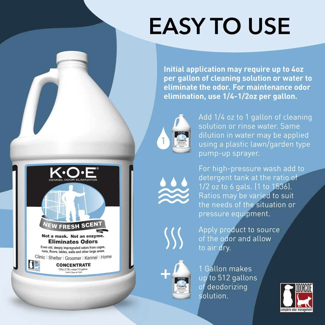 K.O.E. Fresh Scent Odor Eliminator Concentrate For Kennels, Cages, Floors & More - Non-Enzymatic Pet Odor Solution For Home & Do