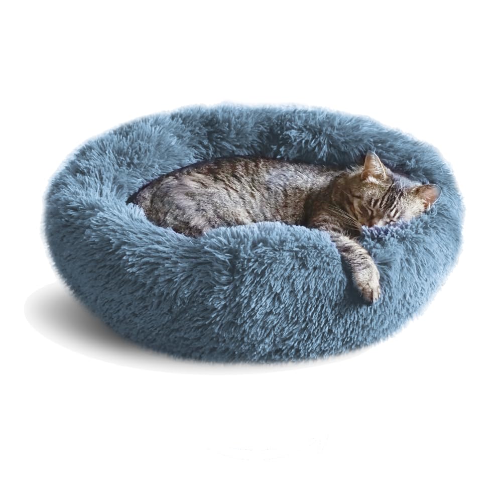 Whiskers & Friends Cat Bed - Plush, Navy-Grey, 23"x23"x7" - Washable Anti-Anxiety Bed for Small Cats & Dogs