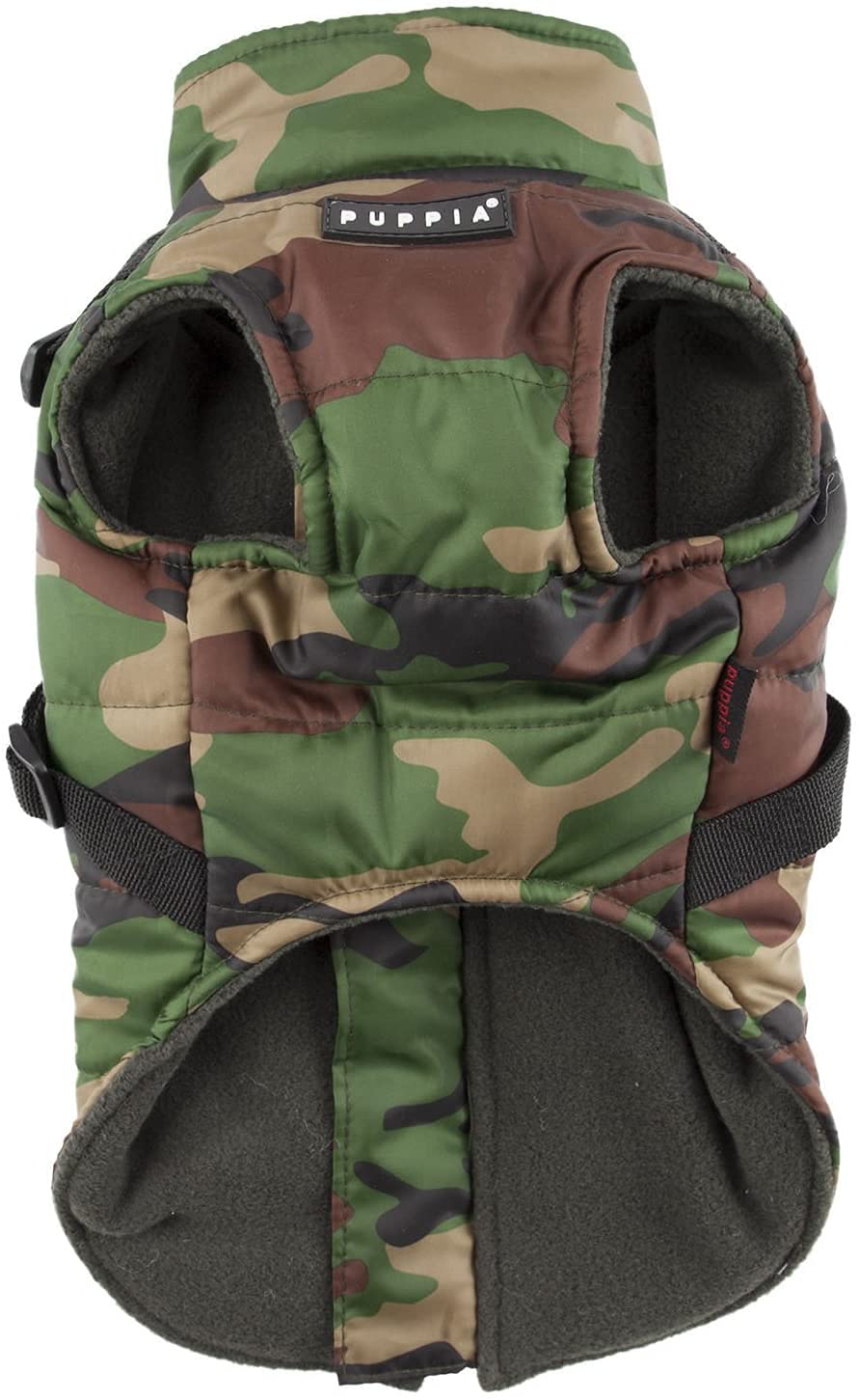 Puppia Mountaineer Winter Dog Coat With Integrated Harness No Pull Cold Weather Waterproof Warm Fleece Back Zipper For Small & Medium Dog, Camo, Xx-Large