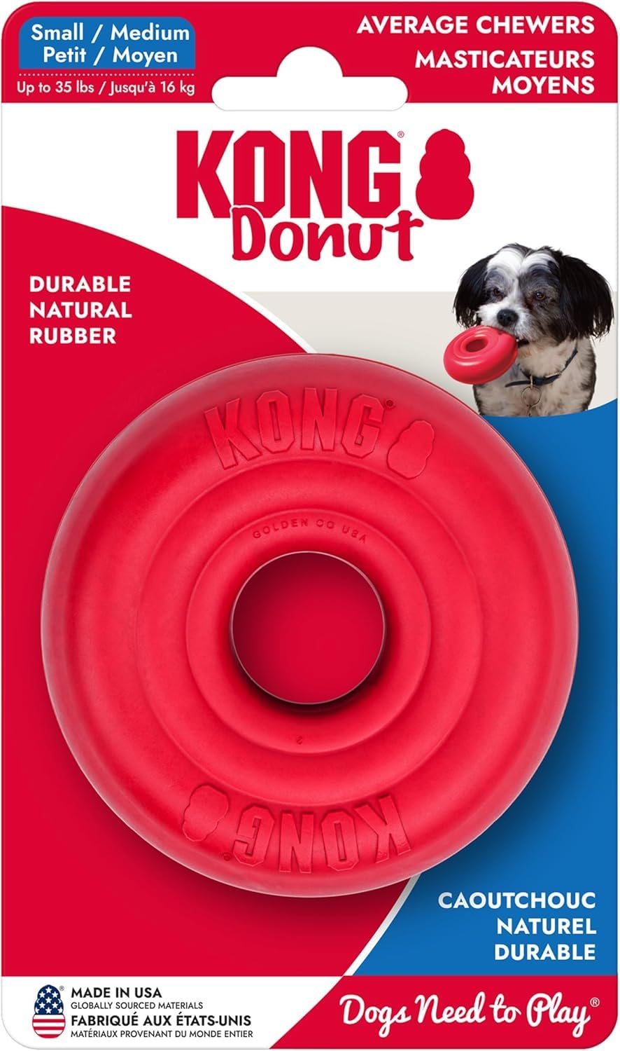 KONG Donut Dog Toy - Durable Natural Rubber Chew & Fetch Toy - Promotes Healthy Teeth & Gums, Fun Bounce & Roll, Gentle on Mouth