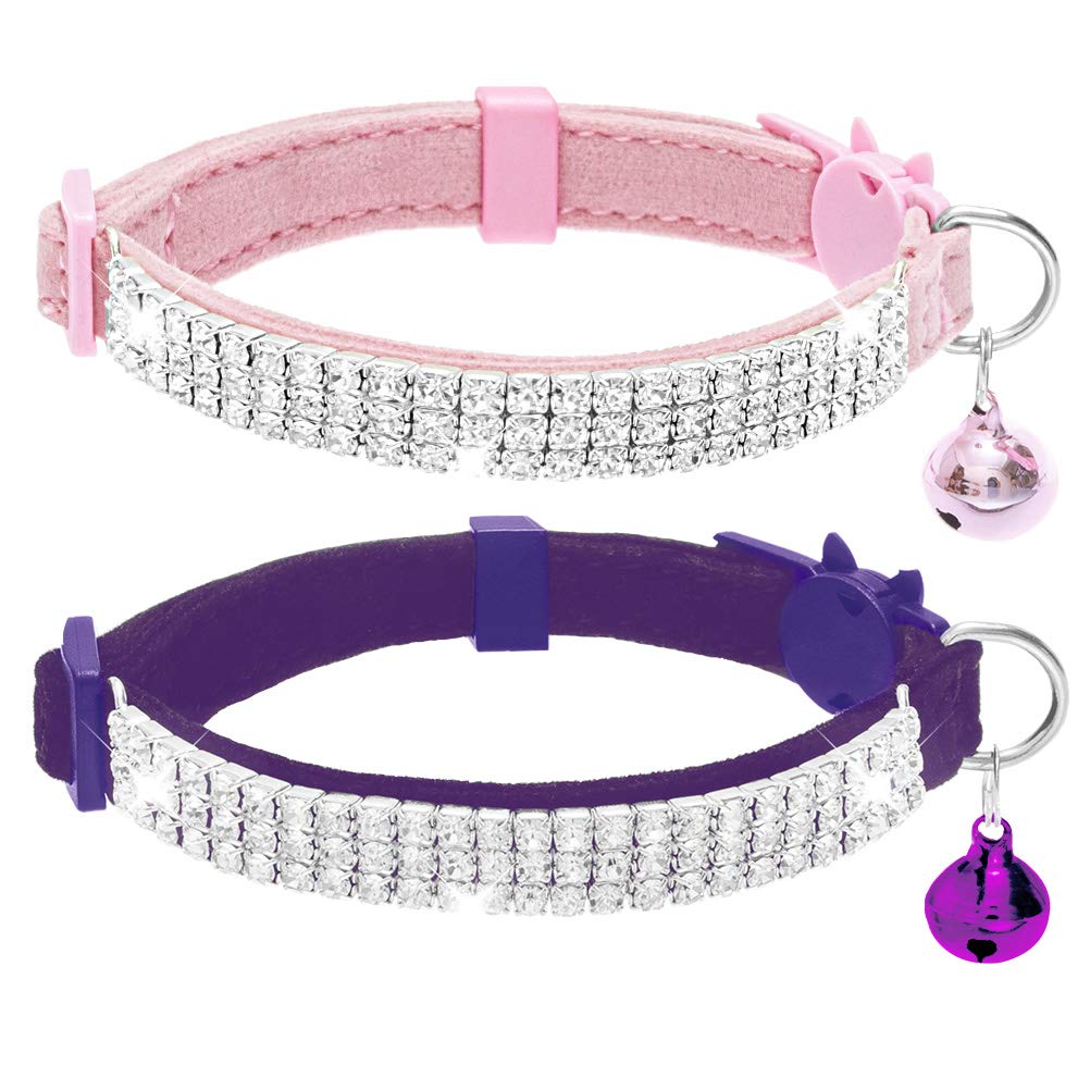 Expawlorer Cat Collar Breakaway With Bells - 2 Pack Rhinestones Bling Diamante Collars - Soft Velvet Safe Adjustable Shing Collar For Cats Kitty Girls And Small Dogs