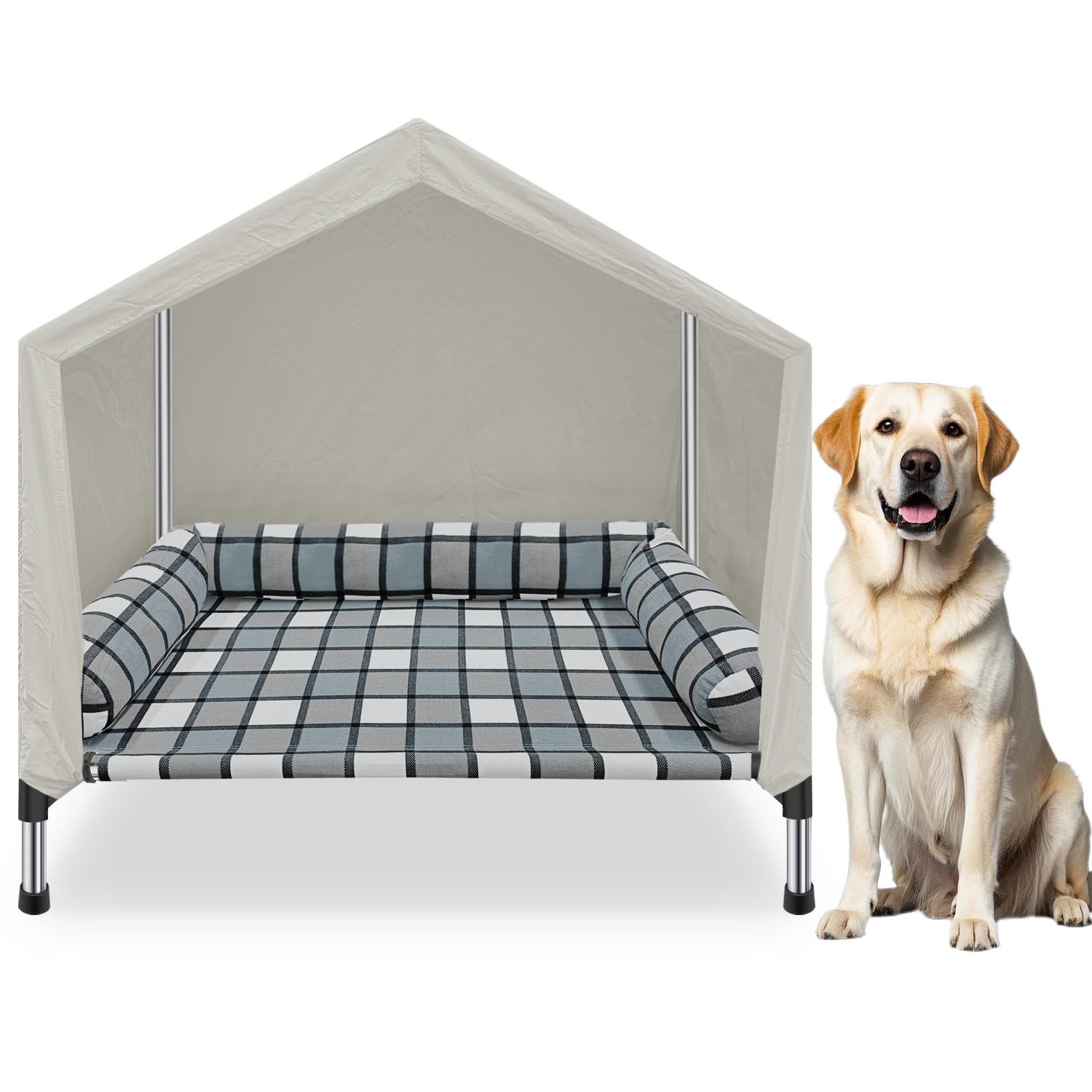 Elevated Dog Pet Bed House - Weatherproof 2-In-1 Indoor Outdoor Pet Cot With Canopy Cooling Portable Raised Dog Bed With Pillow 