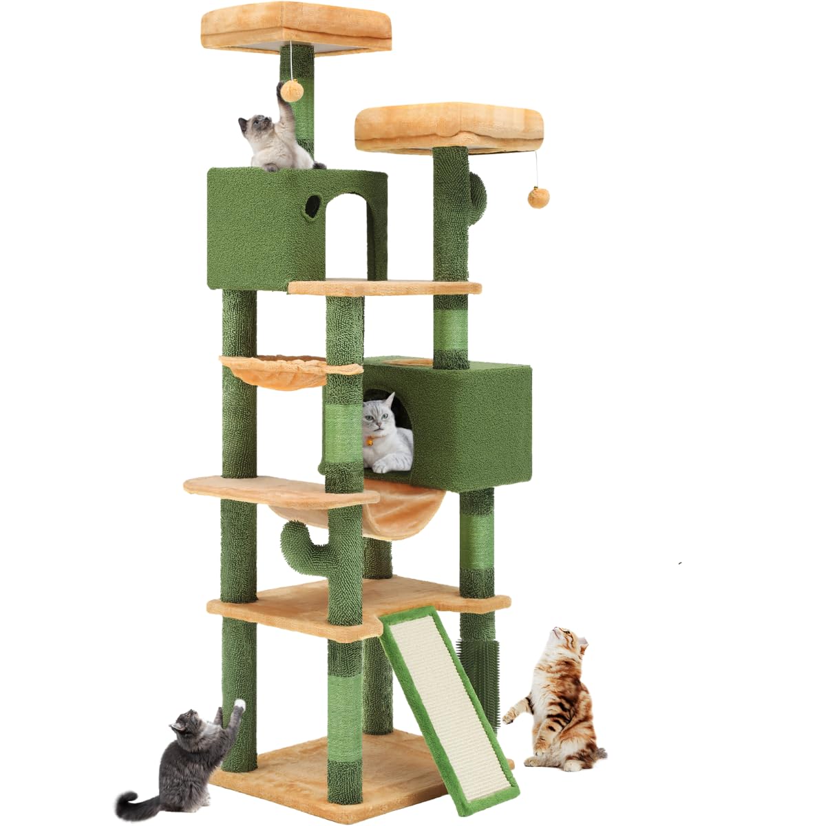 Yitahome 76In Tall Cactus Cat Tree Tower With Self-Grooming Brush, Cute Cat Climbing Tower For Indoor Cats With Cat Condo, Plush