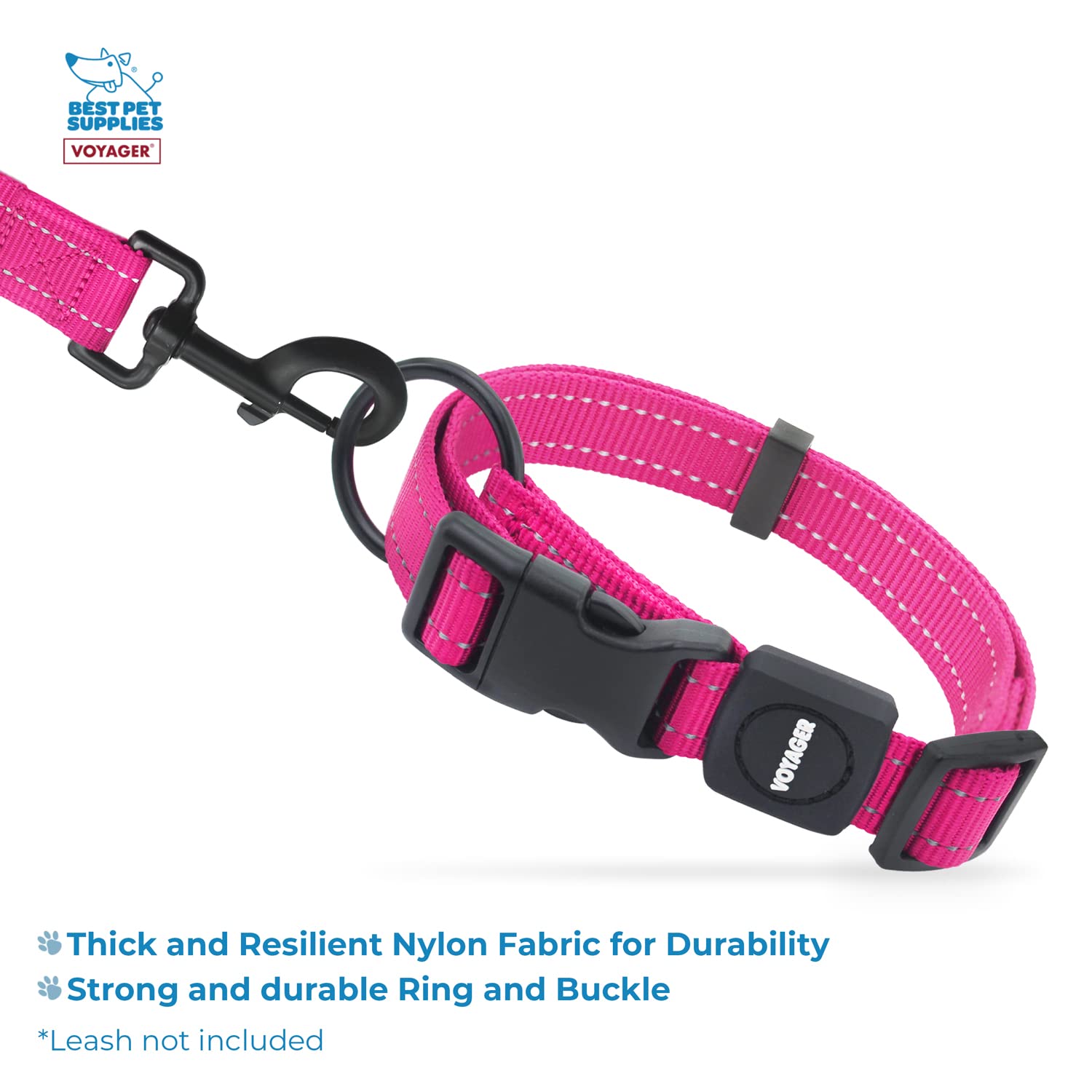 Best Pet Supplies Reflective Dog Collar With Adjustable Length, Heavy-Duty Buckle, And Strong Leash D-Ring, Training, Walking, Jogging Accessory For Small, Medium, And Large Breeds - Fuchsia, L
