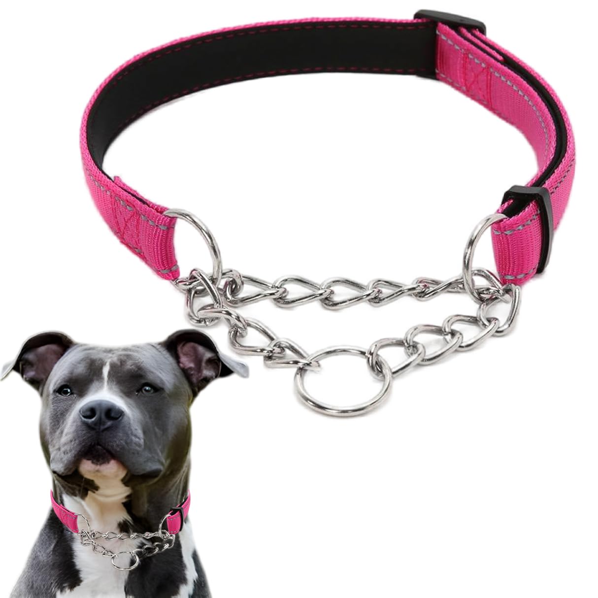 Hot Pink Martingale Collar For Dogs, Reflective Nylon Dog Collar Adjustable Stainless Steel Chain Collar Female No Pull Pet Trai