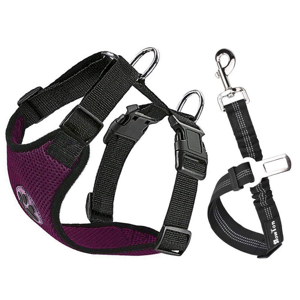 Slowton Dog Car Harness Plus Connector Strap, Multifunction Adjustable Vest Harness Double Breathable Mesh Fabric With Car Vehicle Safety Seat Belt (Wr,L)
