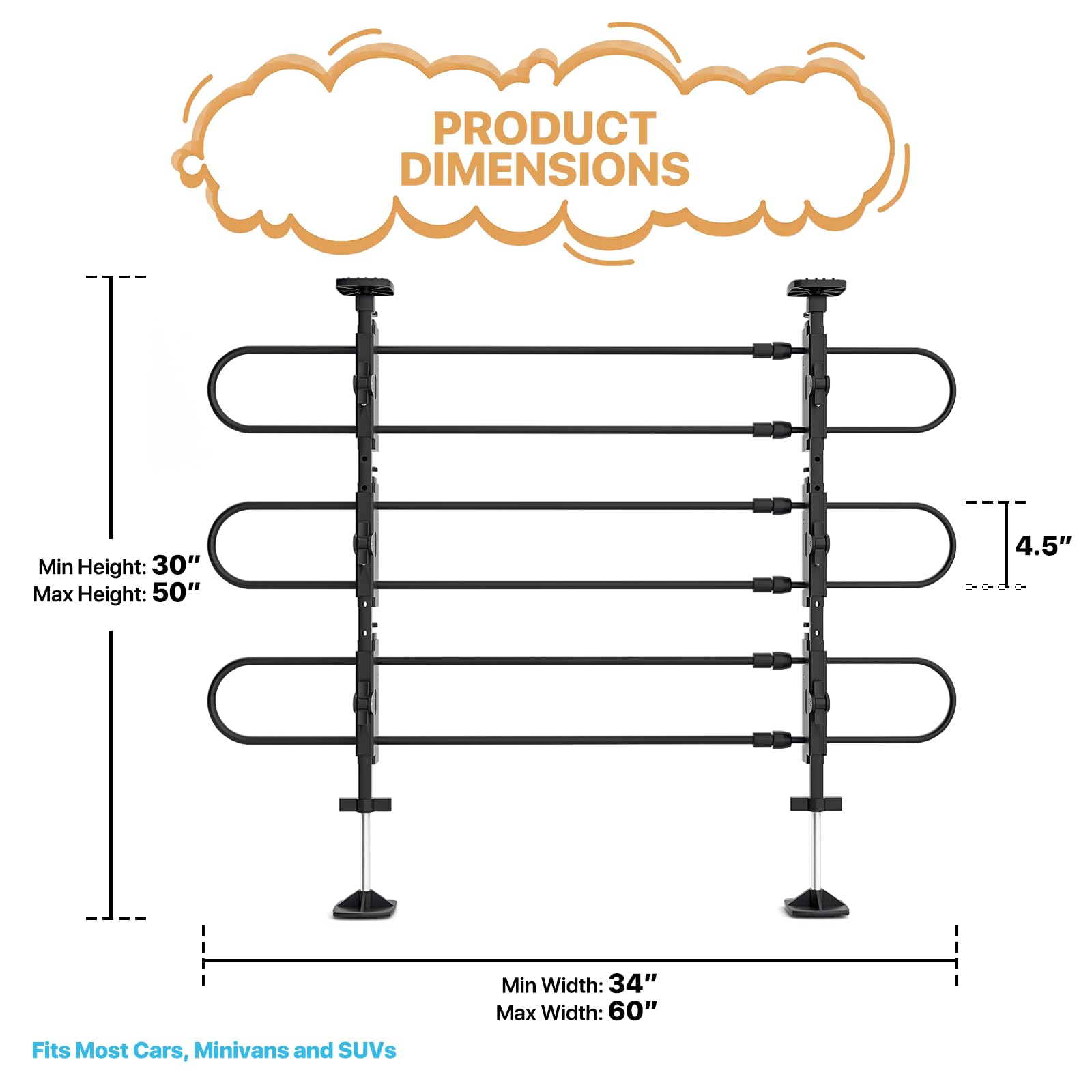 Monibloom Metal Dog Barrier For Suvs, Vehicles, Cars & Trucks, 34'-60' Wide, 30'-50' Tall, Easy To Store