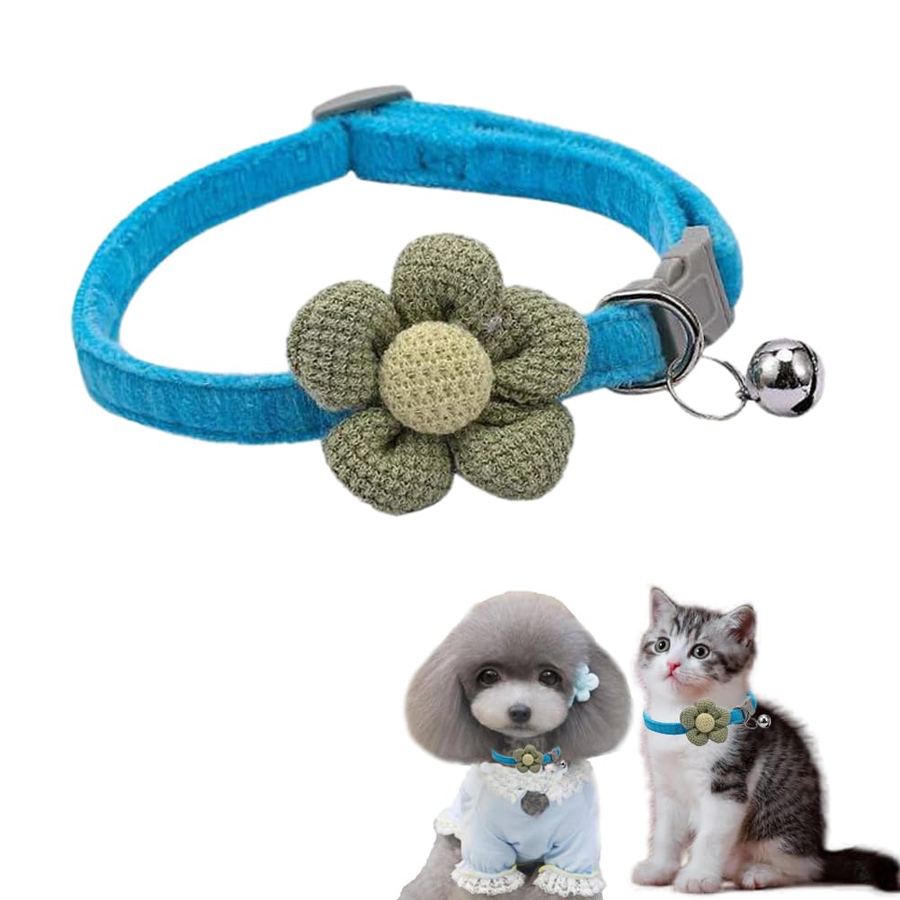 Dog Collar With Bell,Blue Flower Cat Collar With Bells Suede Girl Cute Fancy Puppy Collar With Bells For Xxs Xs Tiny Little Kitt