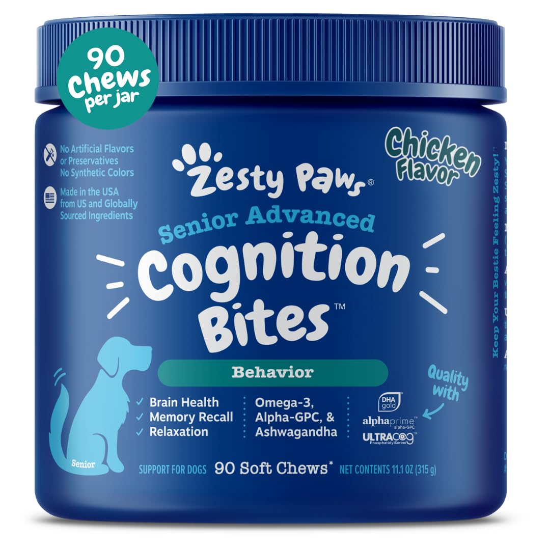 Zesty Paws Advanced Cognition Soft Chews for Dogs - with Omega 3 DHA, Ashwagandha & Alpha GPC - for Senior Dog Brain Health & Ne