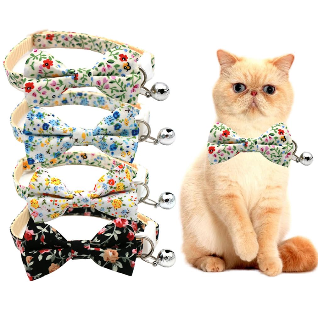 Bow Tie Small Dog Collar With Bells Cute Floral Cat Collar With Bowtie Puppy Kitten Collar Girl Boy Adjustable For Xxs Xxsmall X