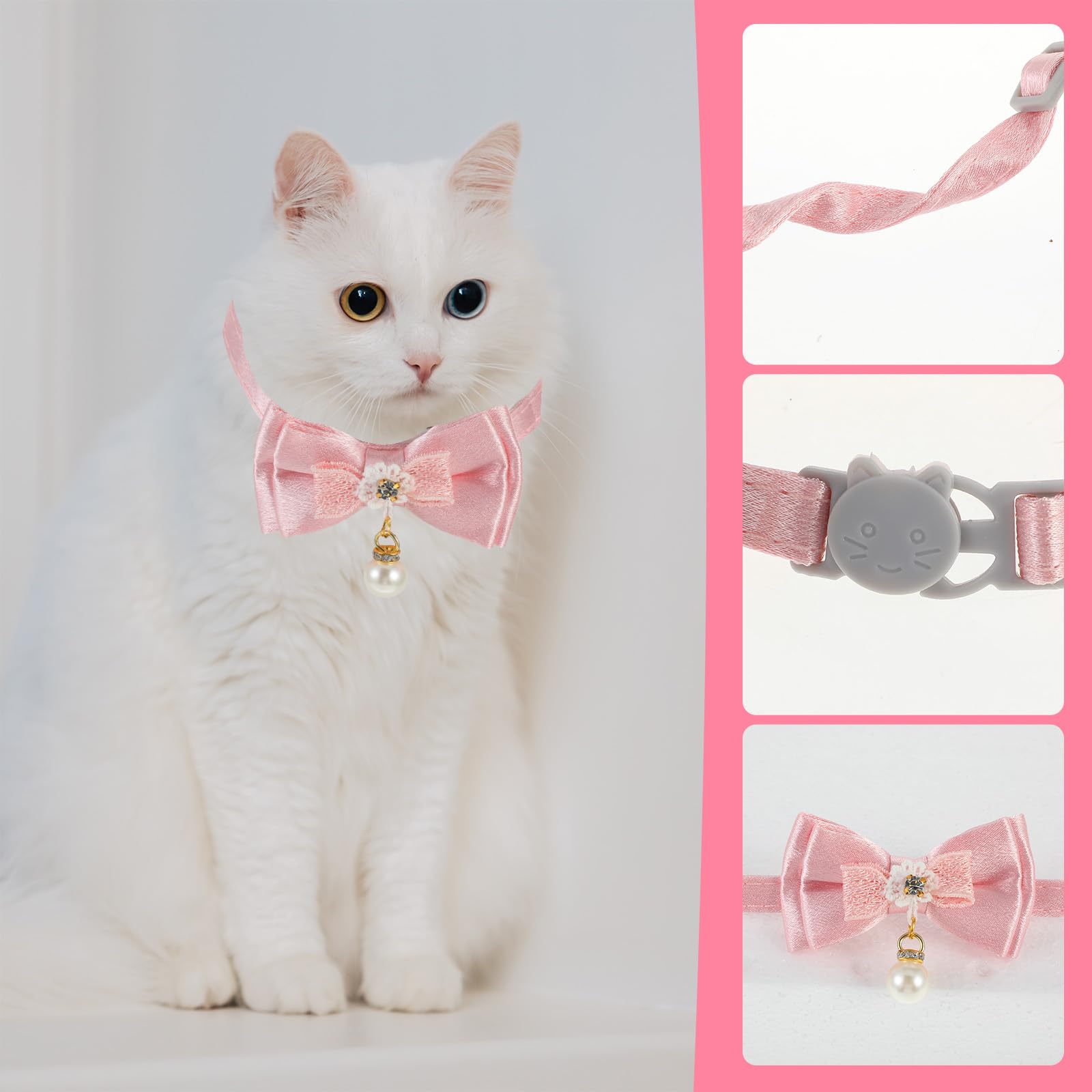 Jjunw Cat Collar Breakaway, Cat Collar With Pearl Pendant Quick Release Safe Buckle Pink Bowtie Adjustable Baby Kitten Collars C