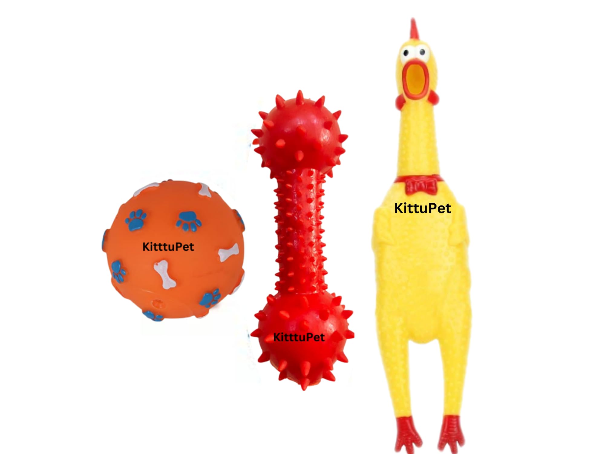 Kittupet Rubber Dental Puppy Teething Spike Doumble Squeaky Ball Chicken Chew Toy, Colour May Vary