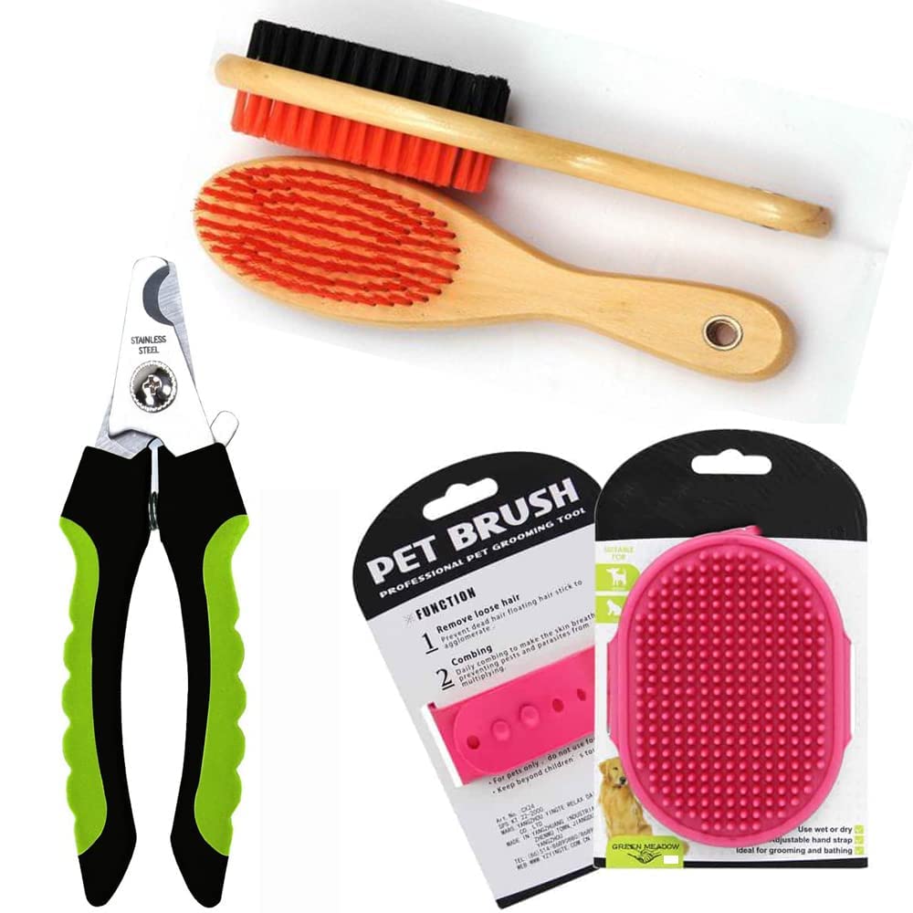 PSK PET MART Grooming Kit  Dog Grooming Wooden DoubleSided Brush + Nail Cutter + Pet Bath Brush Grooming Comb with Adjustable 