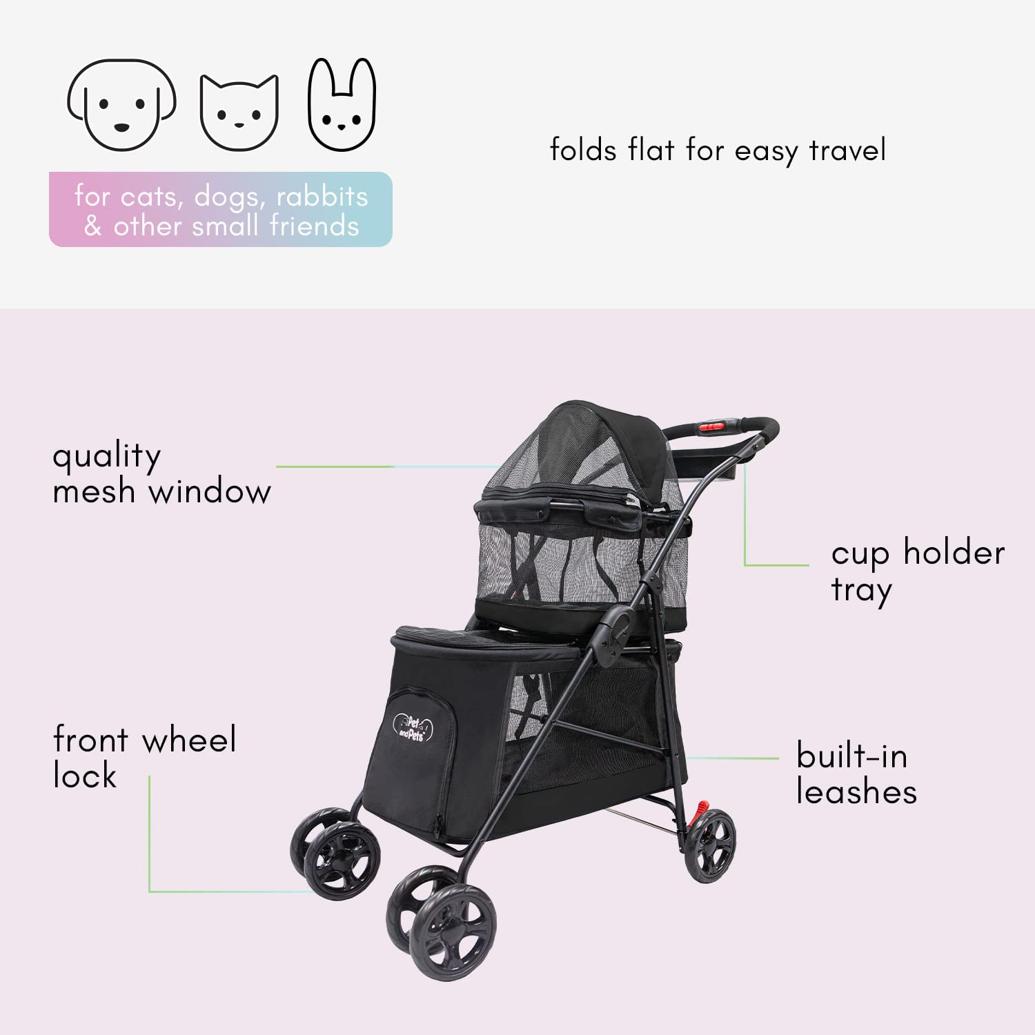 PETIQUE Double Decker Pet Stroller - Black, Dual Bassinets, Lightweight, Removable Pee Pads, Adjustable Leashes for Small/Medium Pets