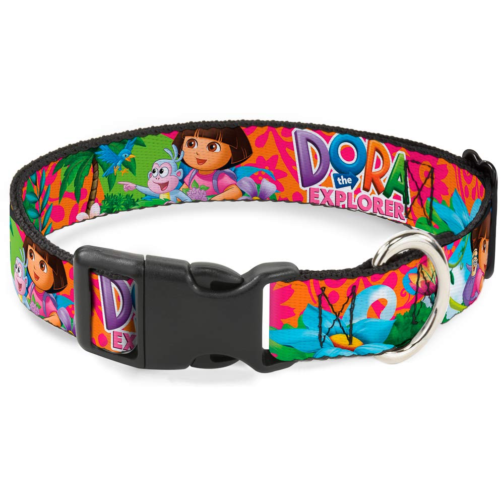 Buckle-Down Dog Collar Plastic Clip Dora The Explorer Dora Poses Floral Collage Orange Pink 15 To 26 Inches 1.0 Inch Wide, Multi