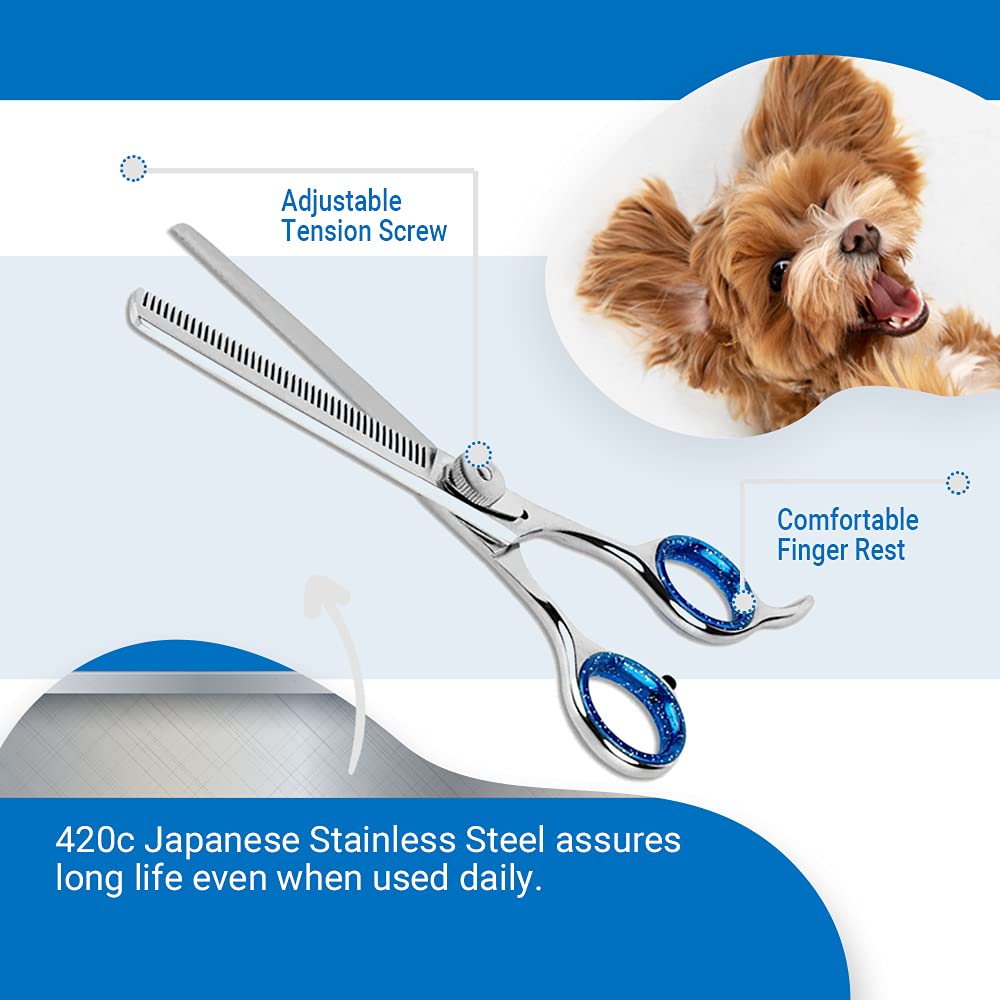 Laazar Pet Grooming Set - 7'' Straight Pet Grooming Scissors & 6.5'' Pet Thinning Shears with 42 Teeth | Professional Dog Sheari