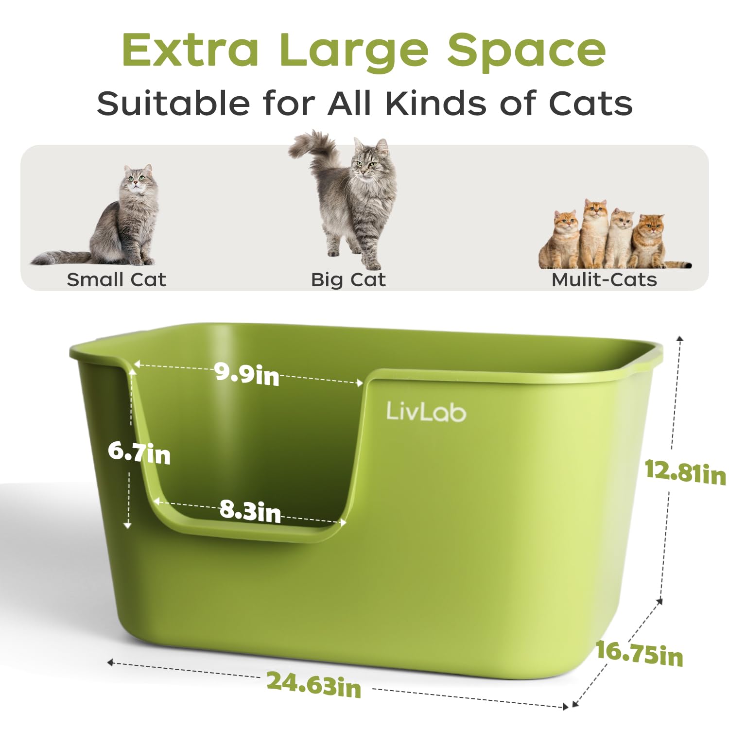 Livlab Open Top Cat Litter Box - 24.6' X 16.7' X 12.7' High Sided Litter Box For Large Cats, Low Entry For Kittens, Durable B