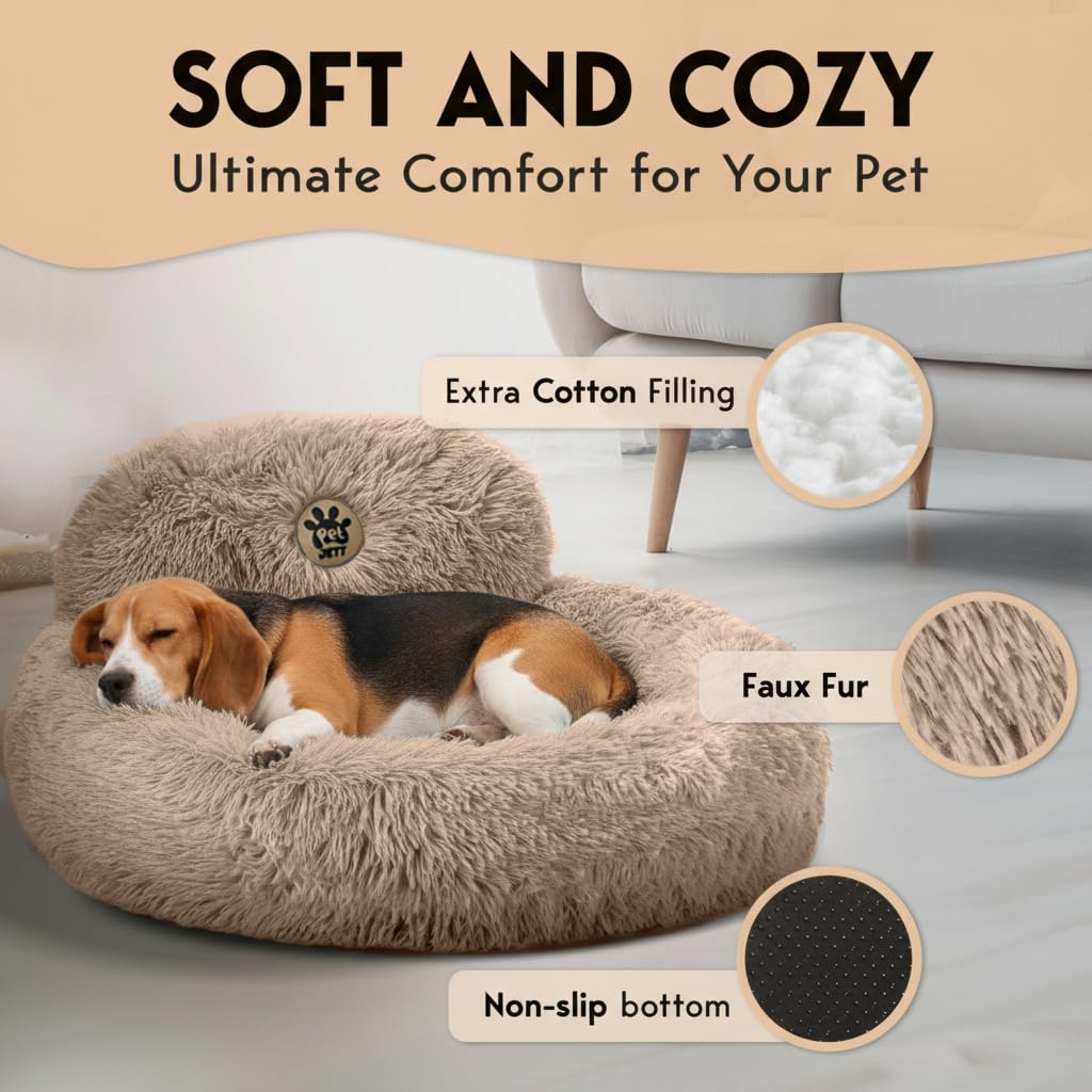 PetJett Calming Medium Dog Bed - 30 Round Dog Beds, Anti-Slip & Washable Super Soft Fluffy Plush Donut Bed, Anti-Anxiety Premi