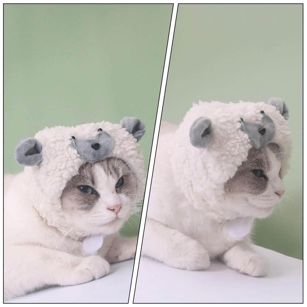 POPETPOP Soft Cotton Cat Lamb Hat: Adjustable Cute Sheep Hat for Small Dogs and Cats - Plush Pet Costume for Halloween, Christma