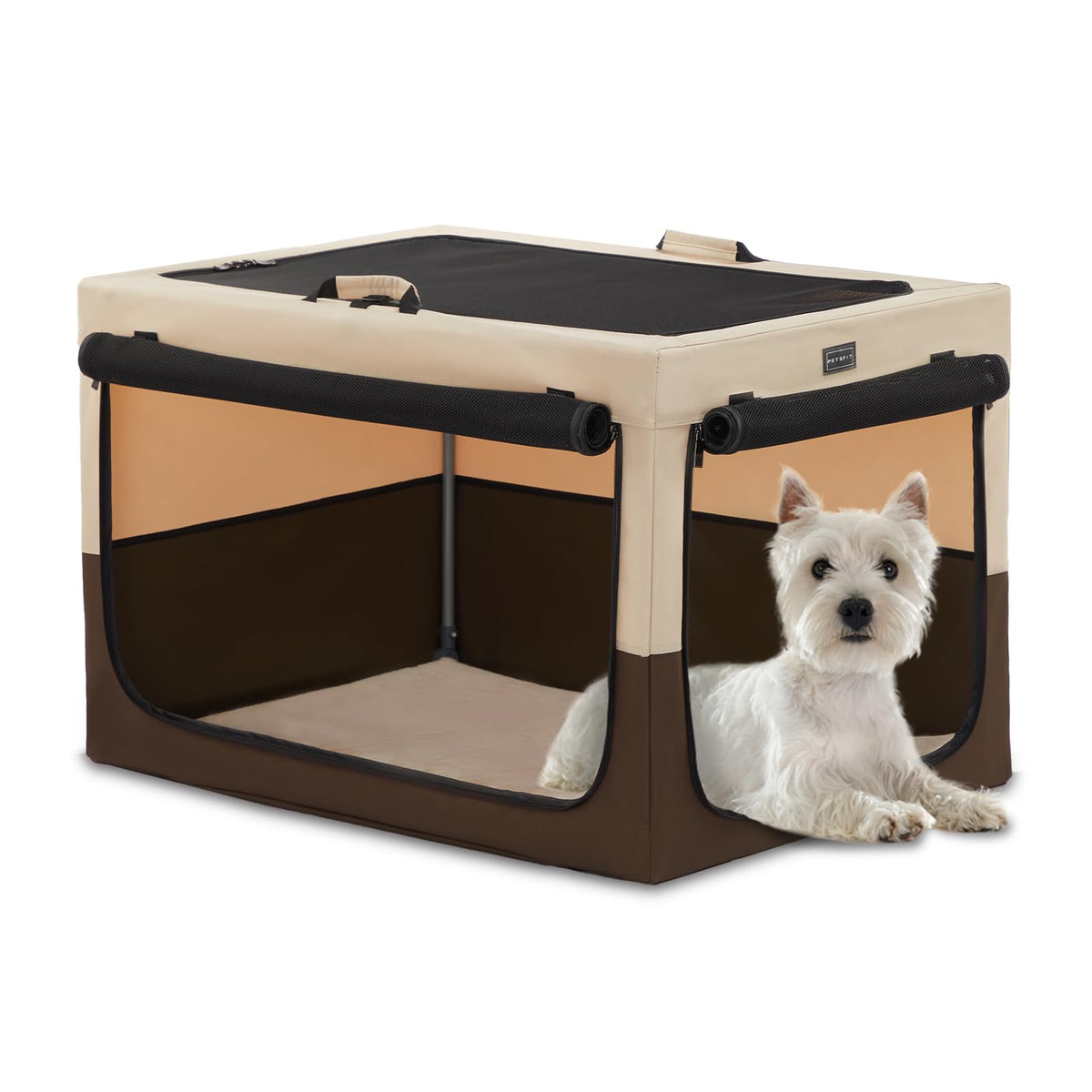 Petsfit 24 Inch Portable Small Dog Crate, Adjustable Design Soft Kennel With Chew Proof Mesh Windows & Thicken Mat, Ideal For Indoor & Outdoor Travel Brown