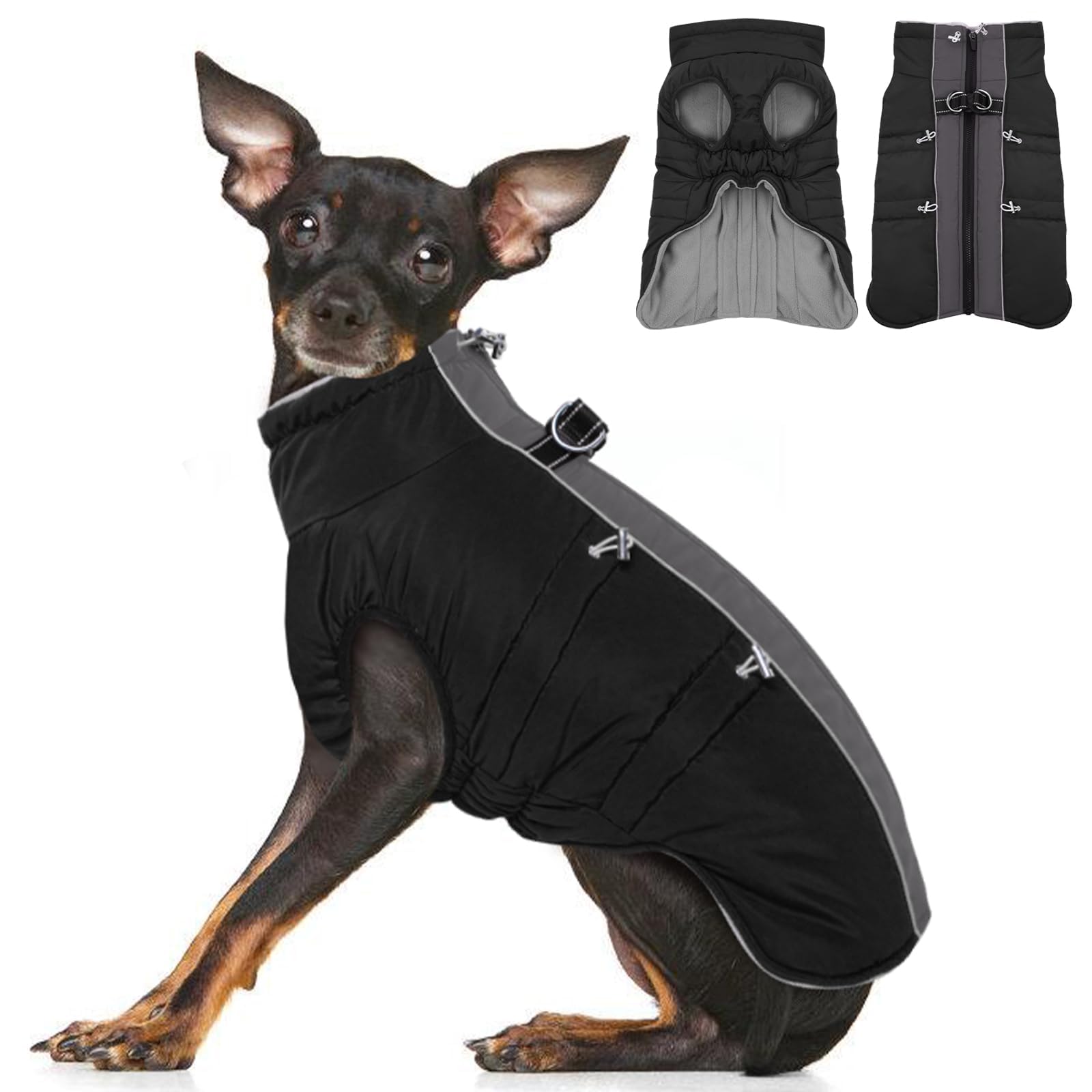 IKIPUKO Dog Coat-XS, Dog Winter Jacket Warm Zip Up Snowsuit Dog Harness Vest Reflective Water-Resistant Dog Coat Dog Snow Jacket