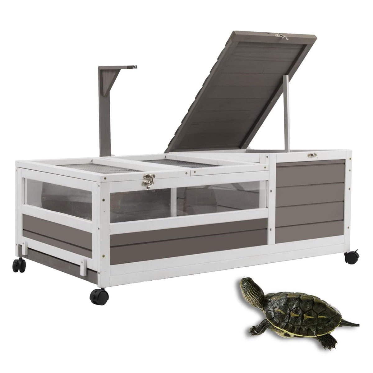 Petscosset Tortoise Habitat On Wheels, Large Wooden Tortoise House, Indoor Tortoise Enclosure, Outdoor Reptile Cage 39''L*23''W*