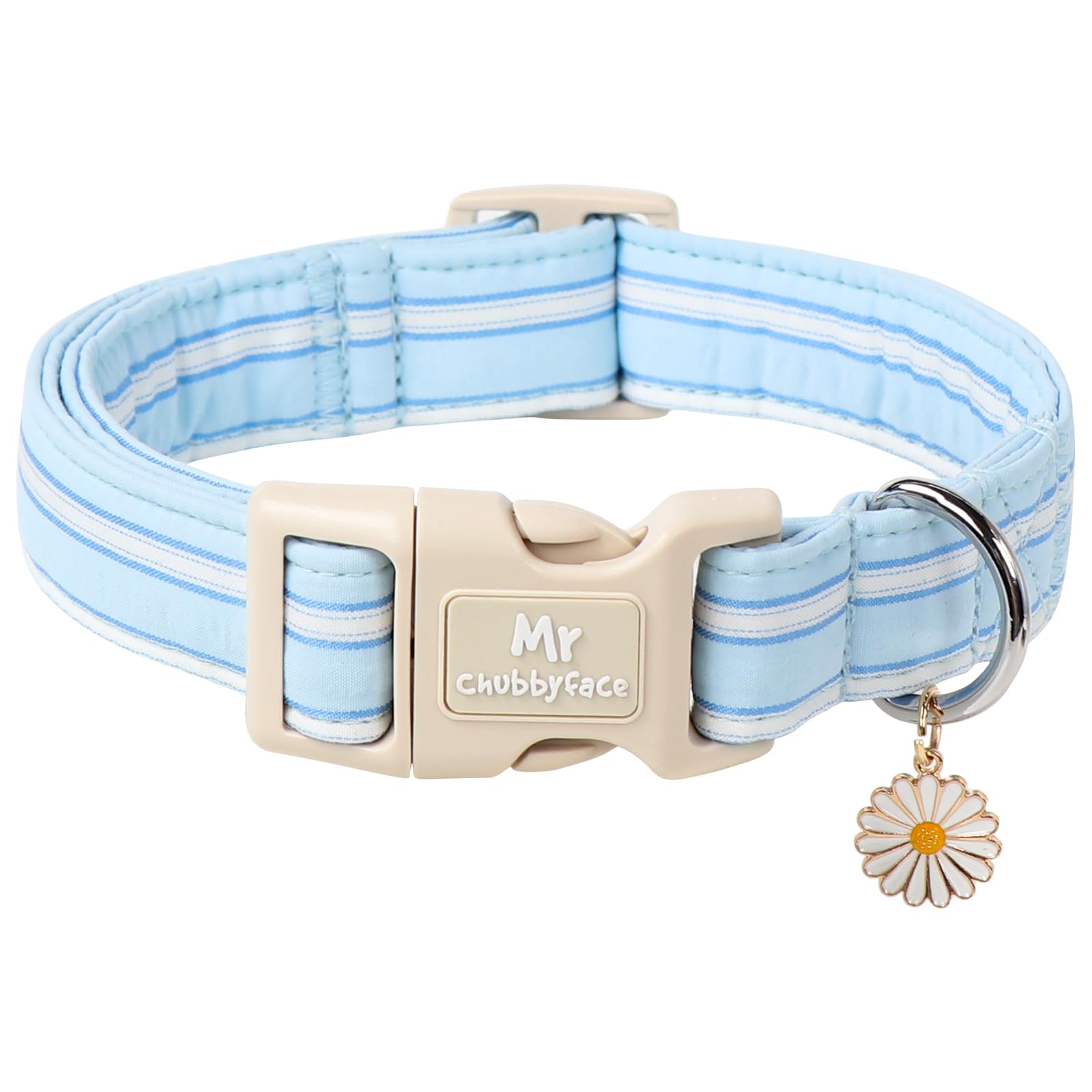 Mr.Chubbyface Cotton Dog Collar, Cute Blue Summer Puppy Collar With Plastic Buckle, Adjustable Soft Natural Fabric Pet Collar Fo