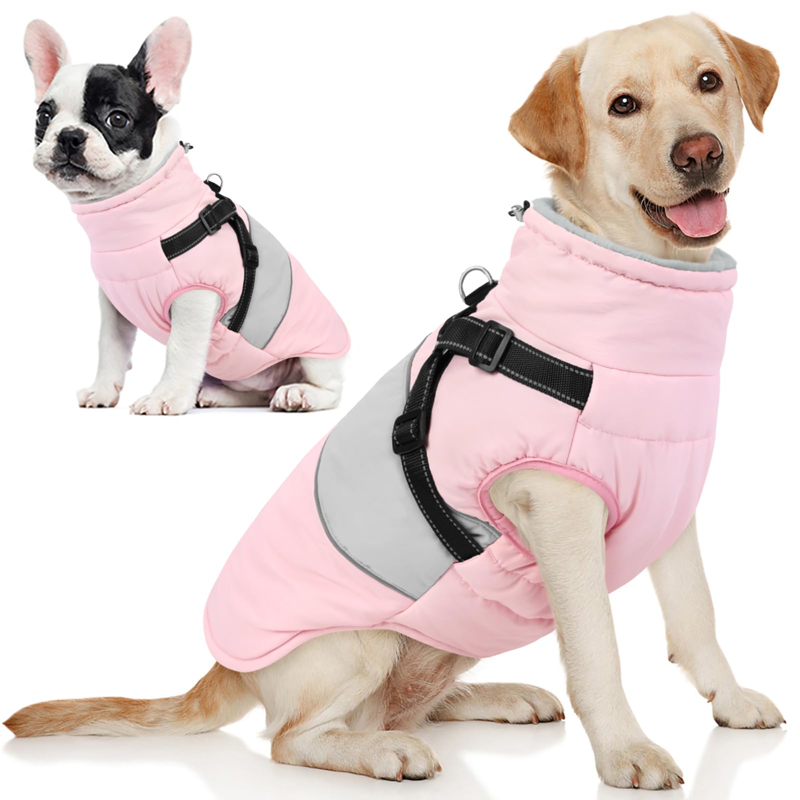 Aofitee Dog Coat - Large Dog Reflective Winter Jacket With Built-In Harness, Warm Fleece Collar For Doberman, Great Dane, Pink X