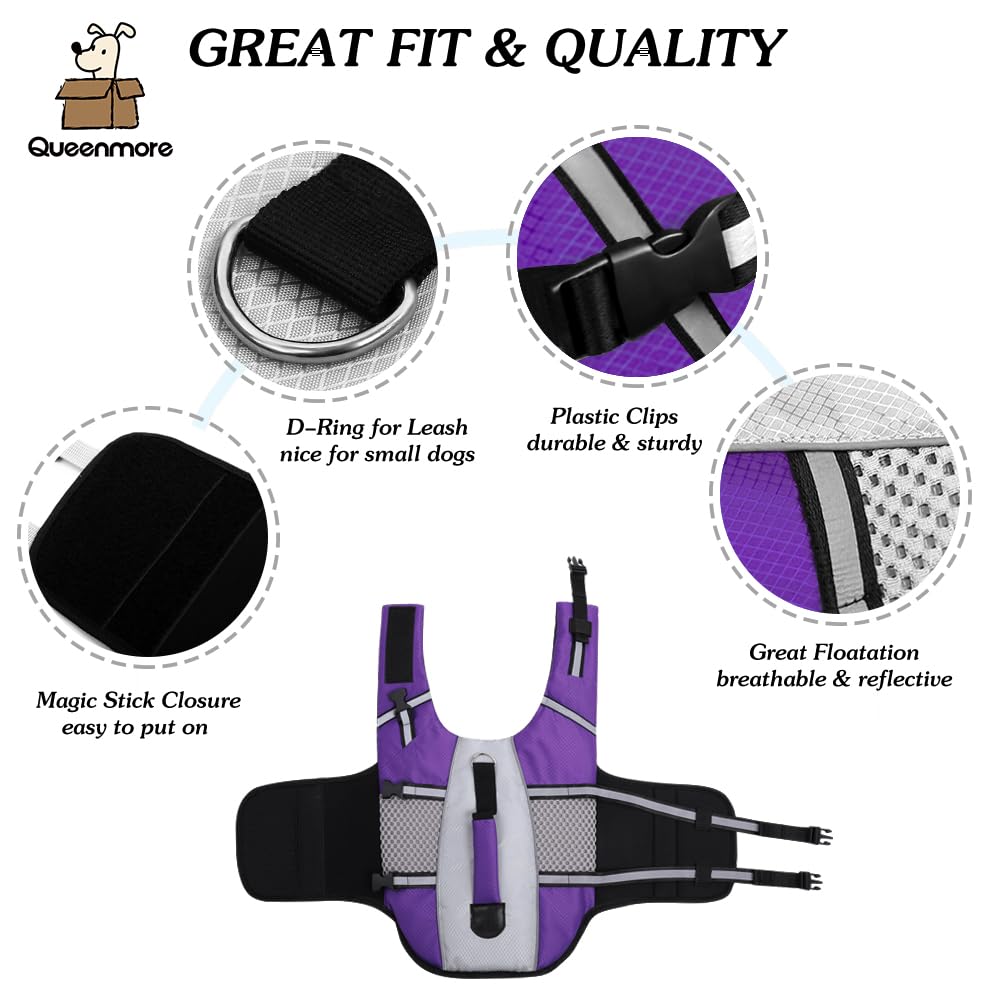 Dog Life Jacket Swimming Vest Lightweight High Reflective Pet Lifesaver With Lift Handle, Leash Ring Purple,Xs
