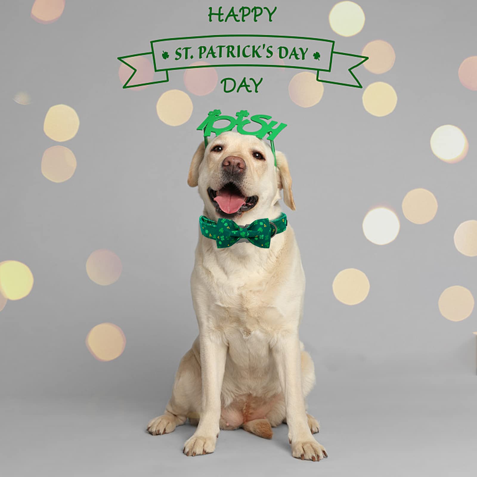 Elegant Little Tail St. Patrick'S Day Dog Collar With Bow - Green Clover Pet Gift Bowtie Adjustable For Medium Dogs