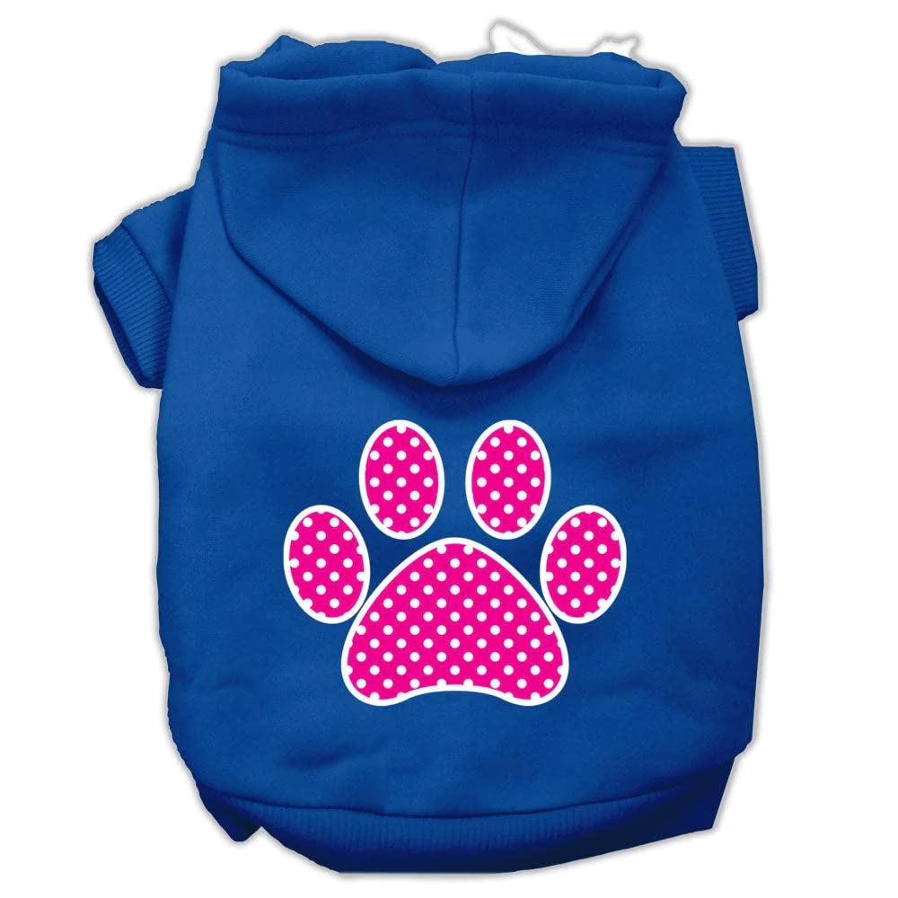 Pet Dog & Cat Hoodie Screen Printed, 'Pink Swiss Dots Paw' Blue Xs (0-3 Lbs.)