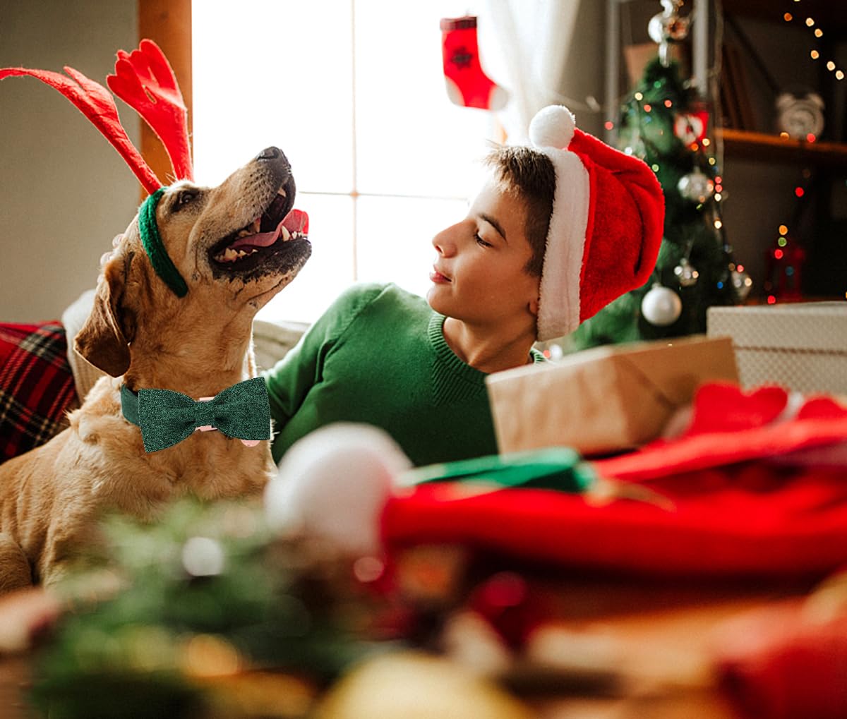 Dogwong Hemp Cotton Dog Collar With Bow, Christmas Green Pet Collar Durable Adjustable Puppy Collar For Small Dogs