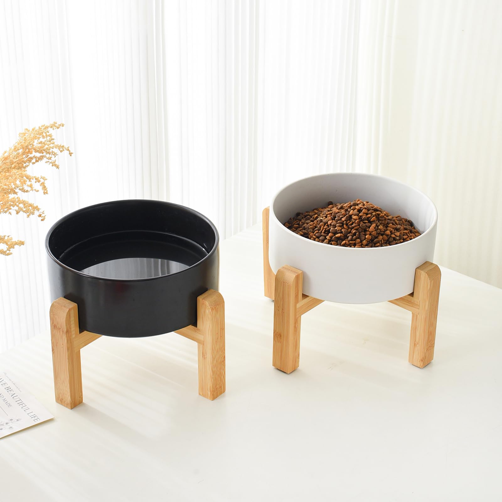 Welloyed 6 Ceramic Raised Dog Bowl - 30Oz Dog Food & Water Bowl with Elevated Non-Slip Bamboo Stand, Dishwasher & Microwave Sa