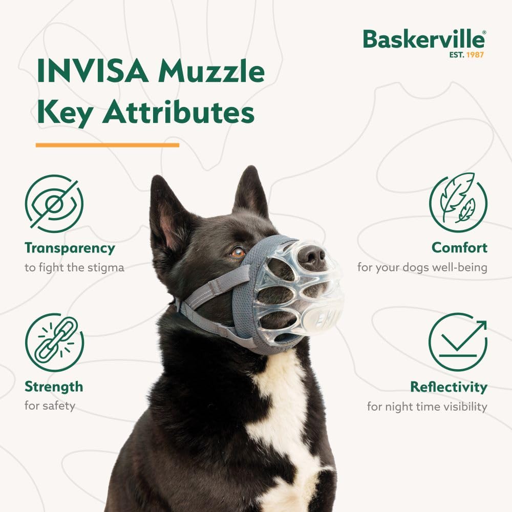 Baskerville INVISA Basket Dog Muzzle - Patented Humane Design with Facial Visibility, Padded Nose Band, Dog can Pant and Drink,